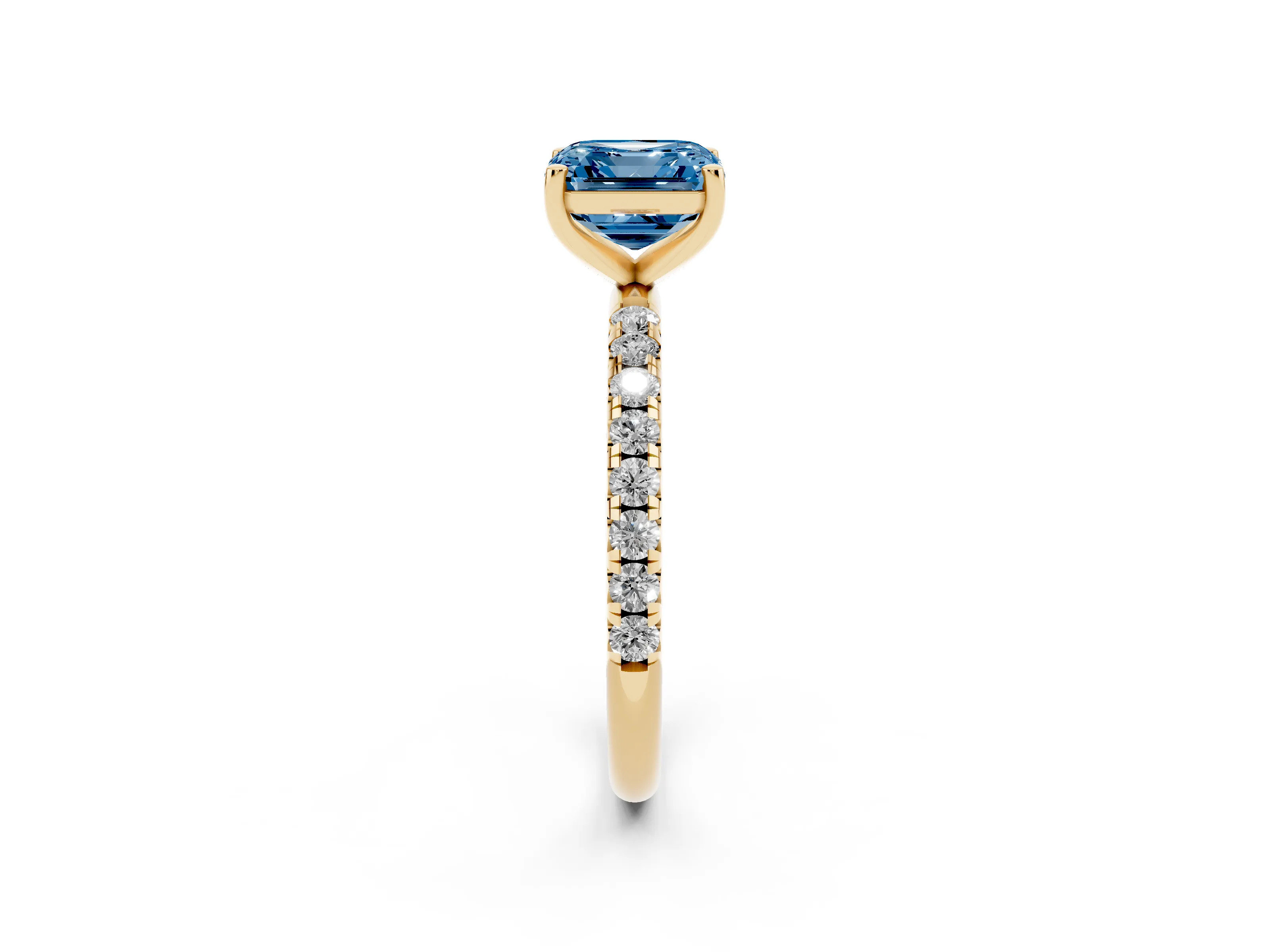 Fancy Blue Asscher Cut Diamond Solitaire Ring Set in Yellow gold with Micro Pavé Band and Prong Setting