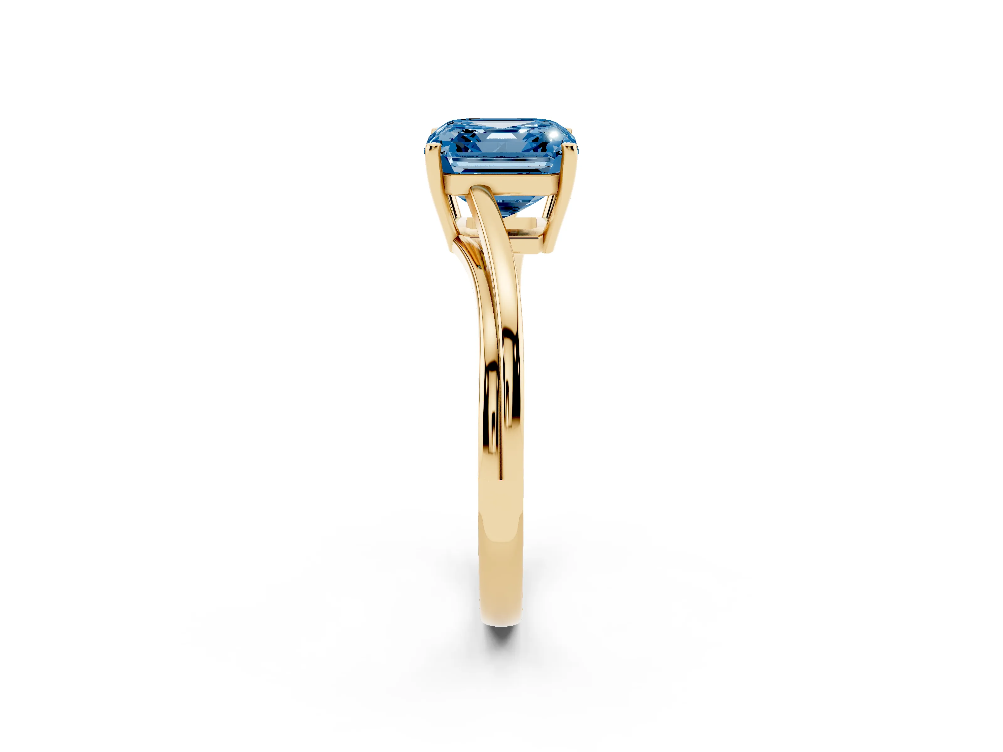 Fancy Blue Asscher Cut Diamond Solitaire Twist Band Ring Set in Yellow gold with Prong Setting