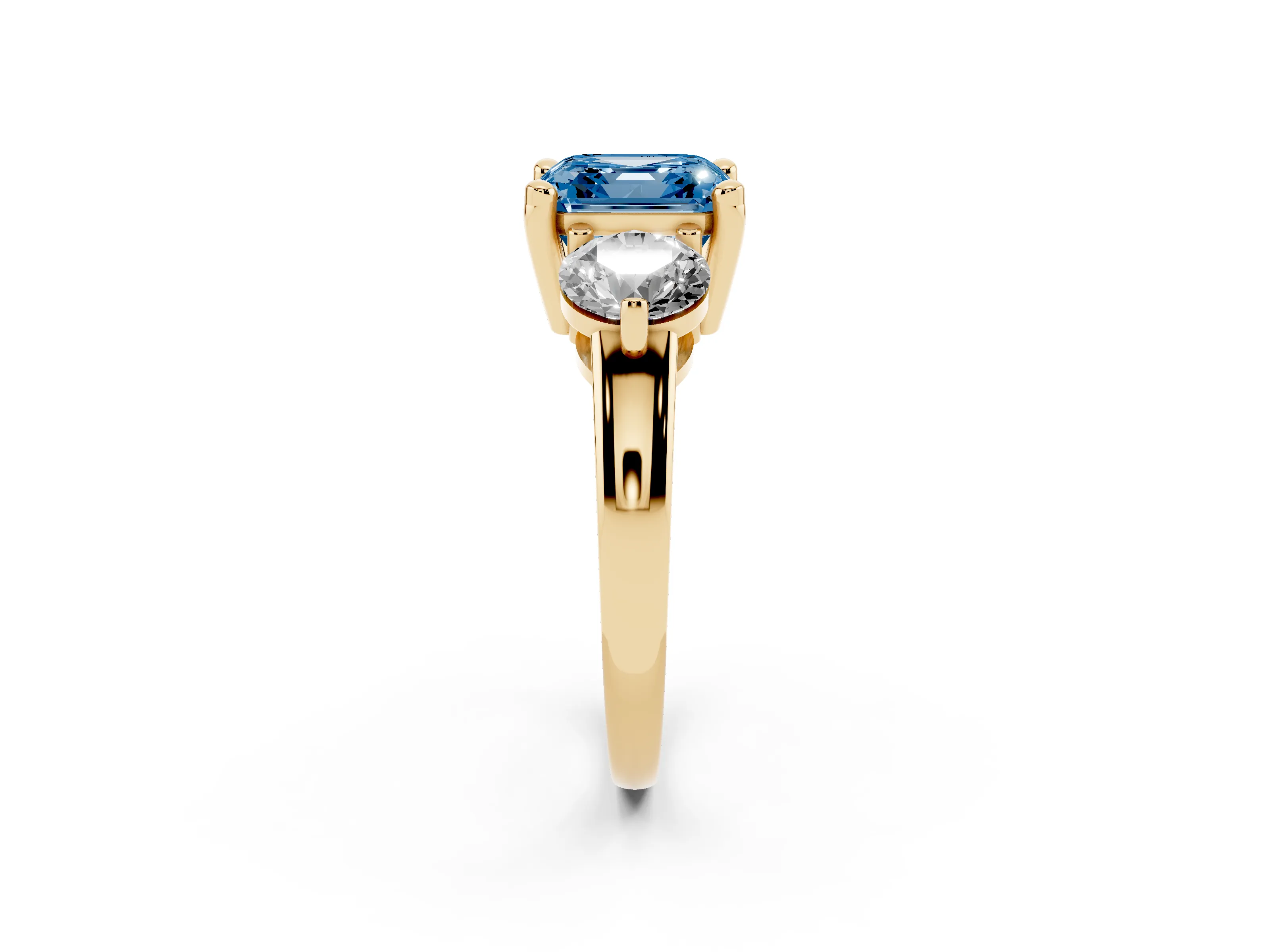 Fancy Blue Asscher Cut Diamond Three-Stone Ring Set in Yellow gold with Prong Setting and Classic Band