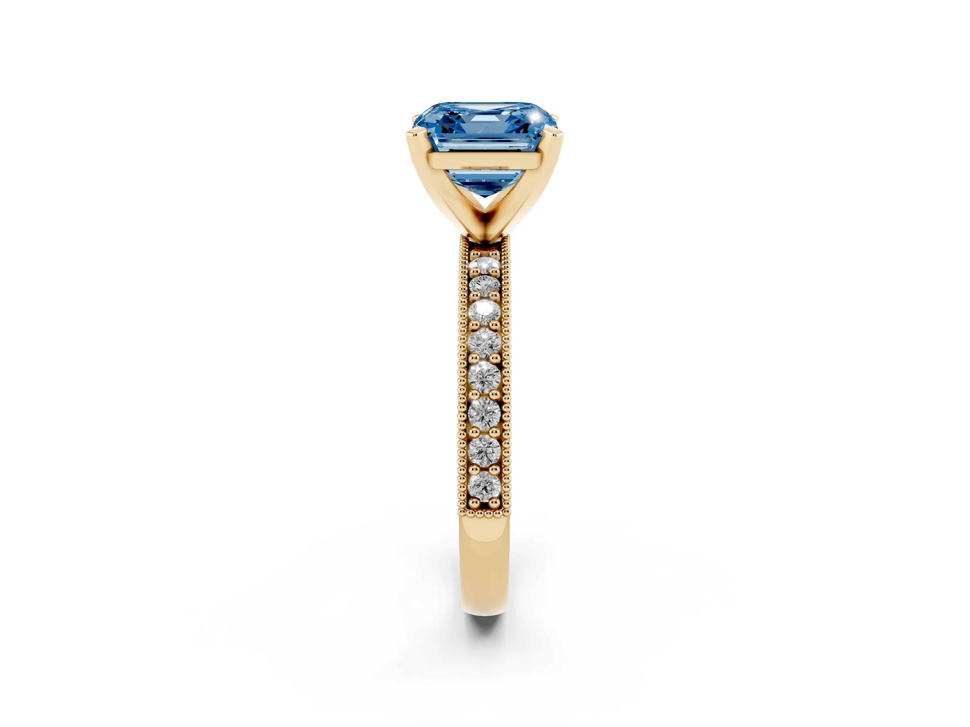 Fancy Blue Asscher Cut Diamond Milgrain Pavé Engagement Ring Set in Yellow gold with Prong Setting