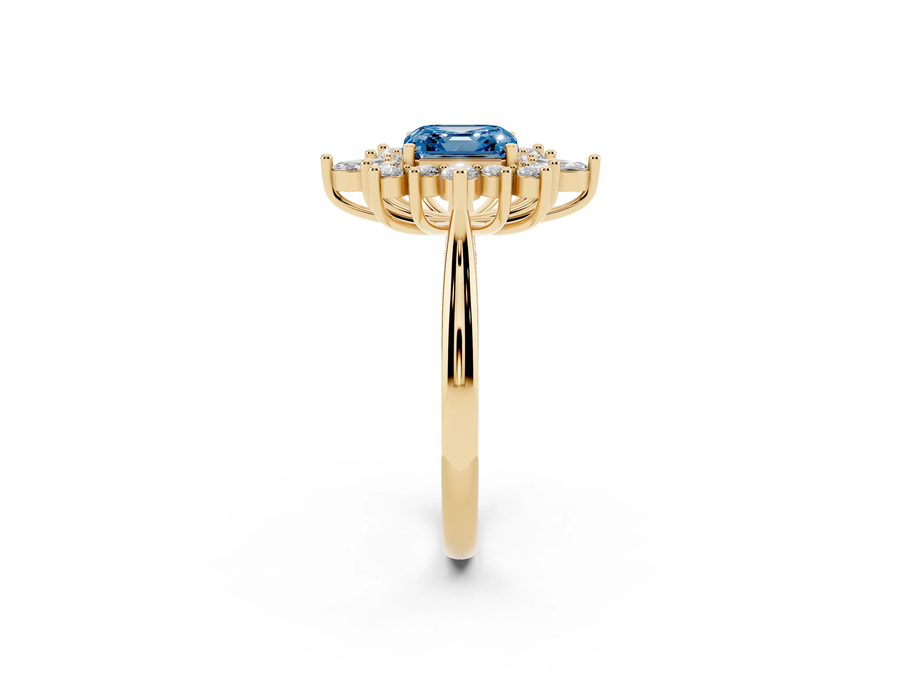 Fancy Blue Asscher Cut Diamond Cluster Halo Ring Set in Yellow gold with Marquise and Round Accents