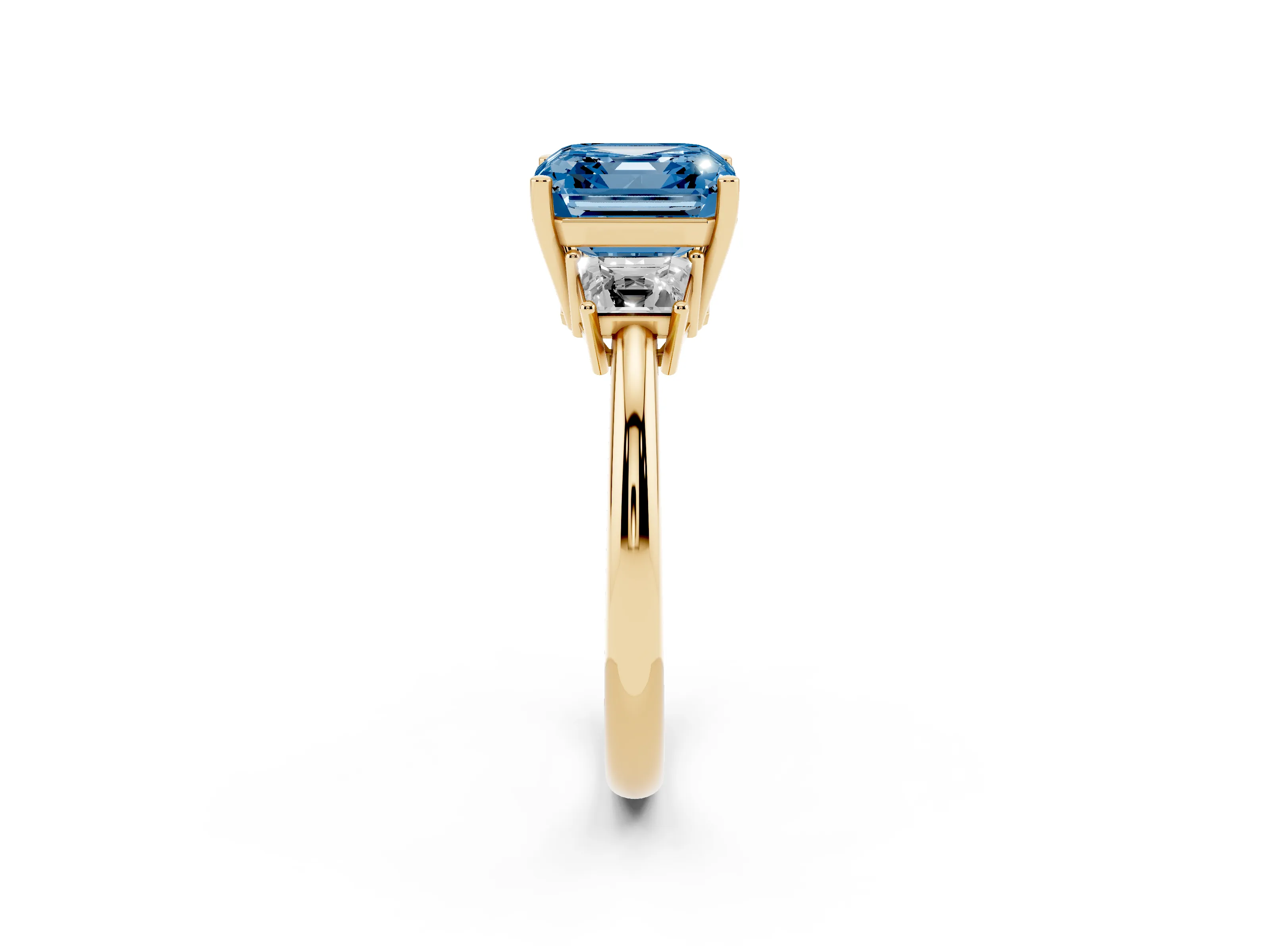 Fancy Blue Asscher Cut Diamond Three-Stone Ring Set in Yellow gold with Trapezoid Side Stones and Prong Setting