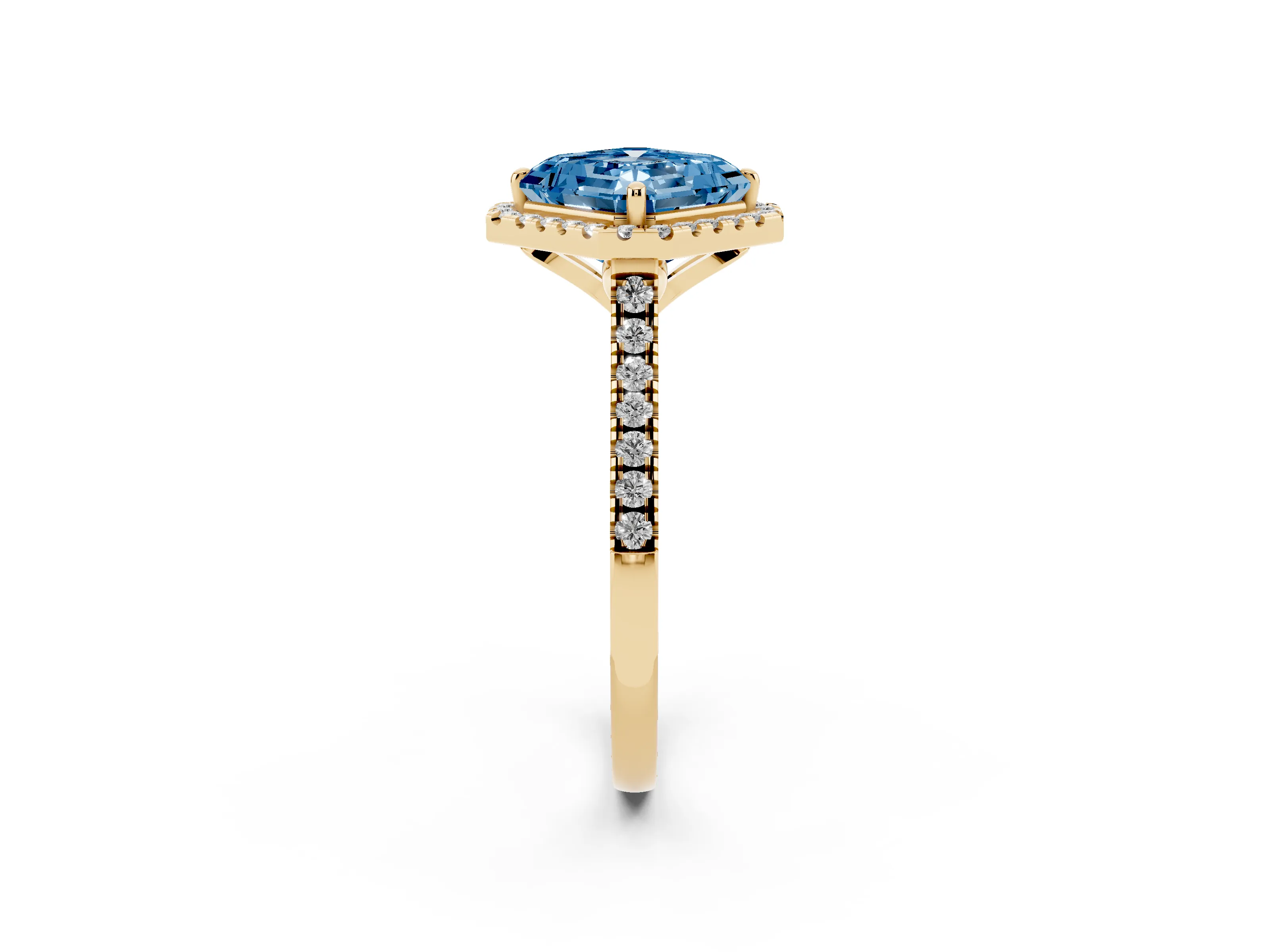Fancy Blue Asscher Cut Diamond Cushion Halo Ring Set in Yellow gold with Pavé Band