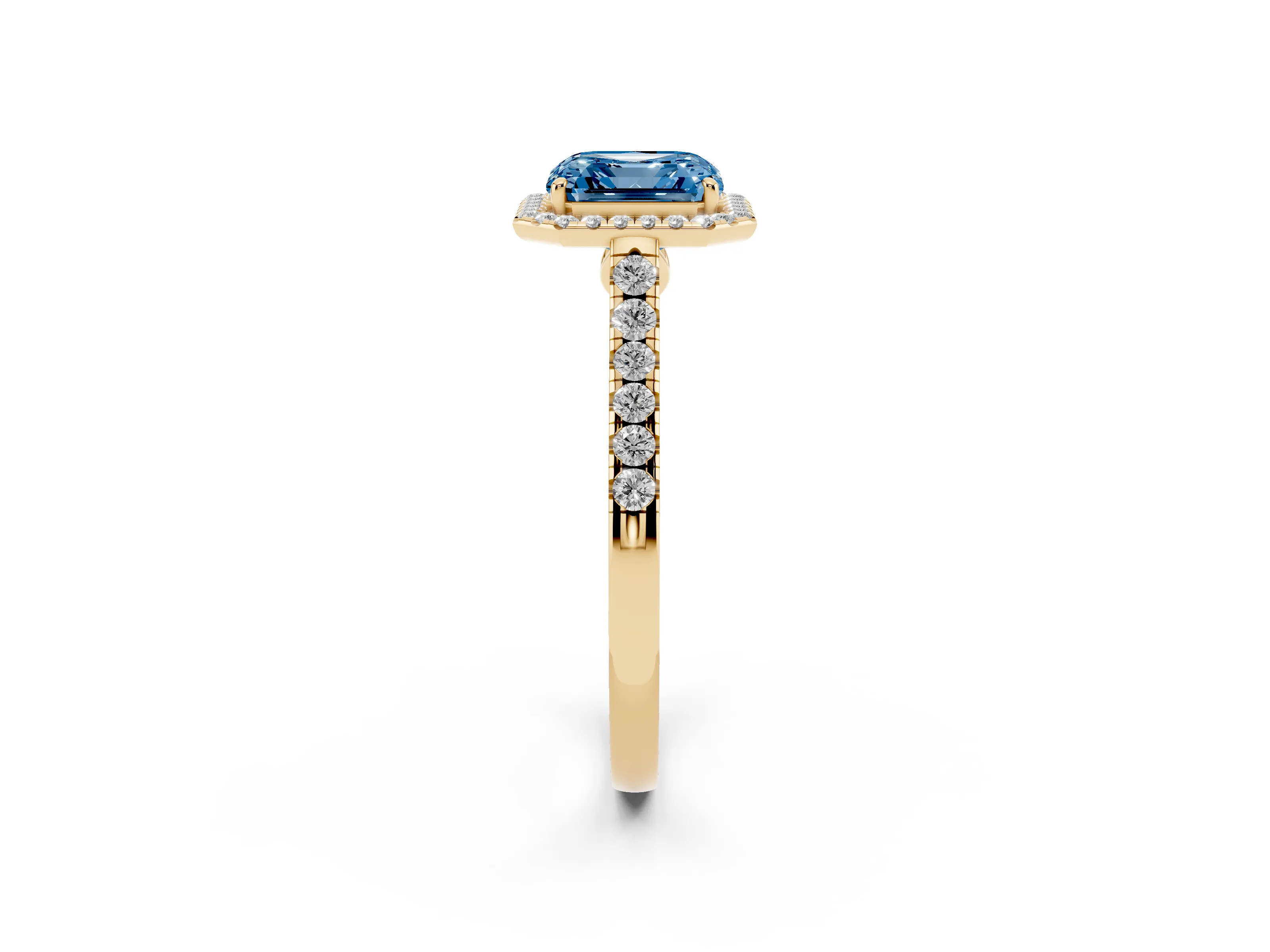 Fancy Blue Asscher Cut Diamond Halo Pavé Engagement Ring Set in Yellow gold with Prong Setting