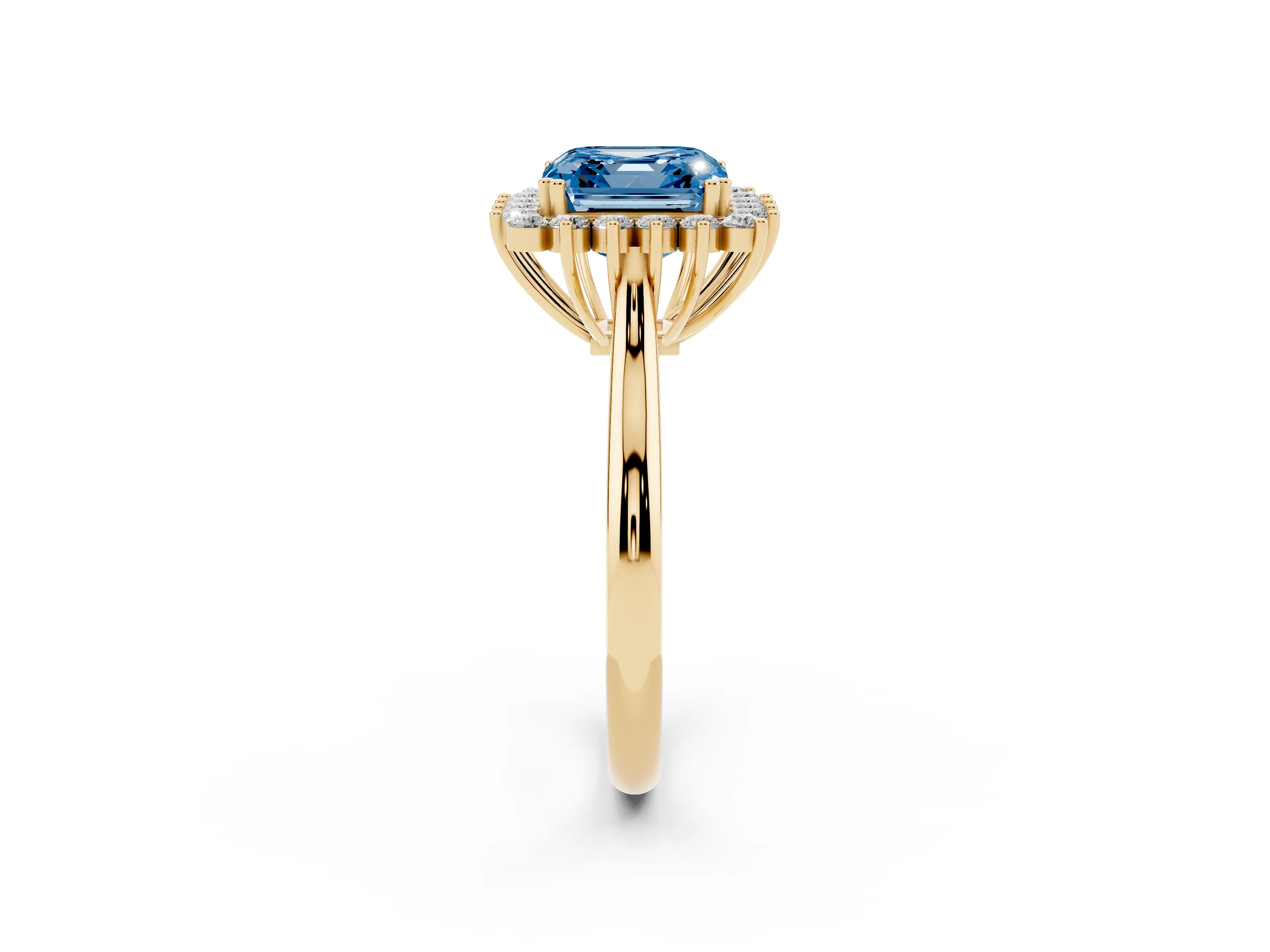 Fancy Blue Asscher Cut Diamond Halo Ring Set in Yellow gold with Plain Solitaire Band and Prong Setting