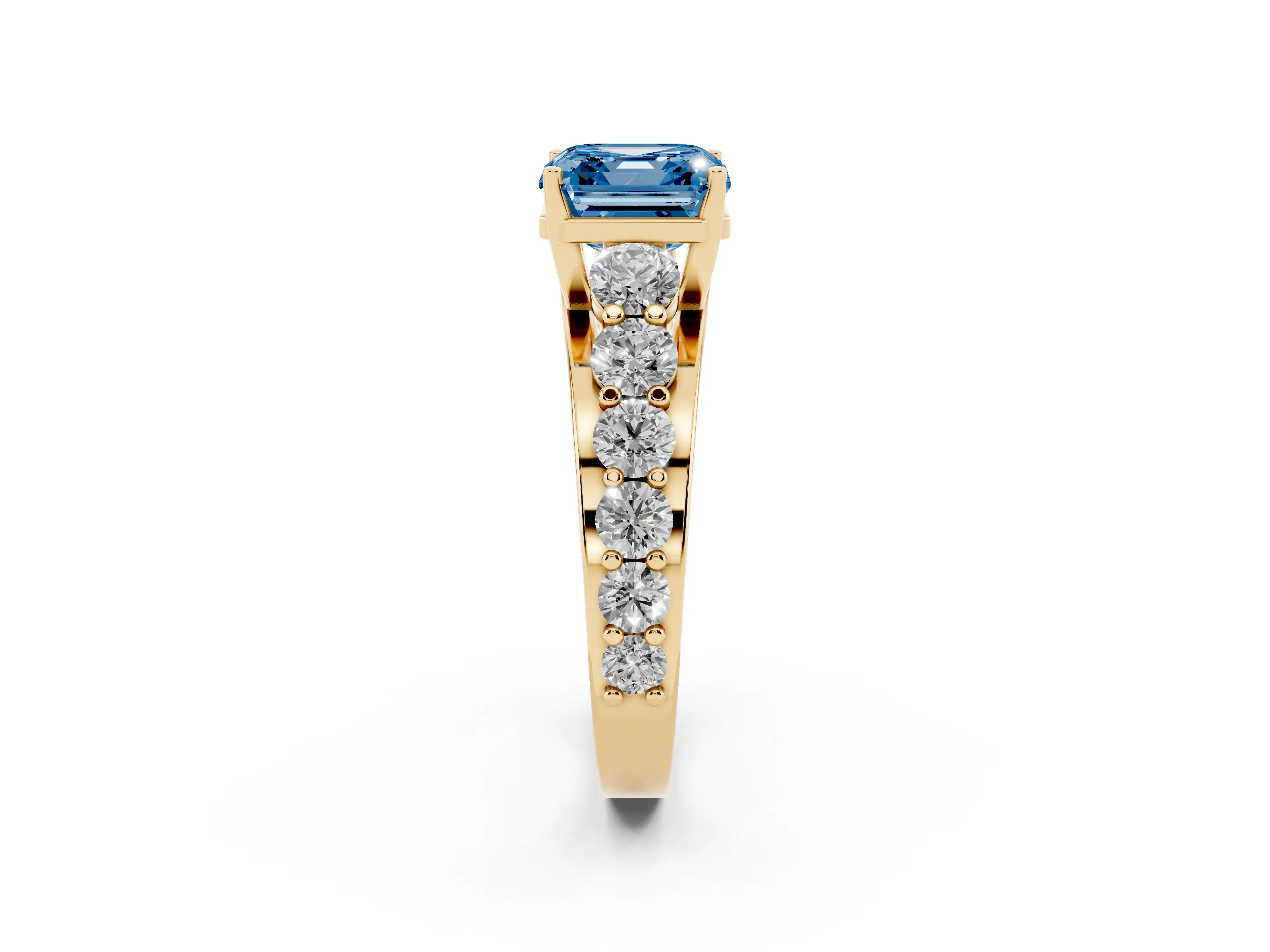Fancy Blue Asscher Cut Diamond Pavé Engagement Ring Set in Yellow gold with Prong Setting