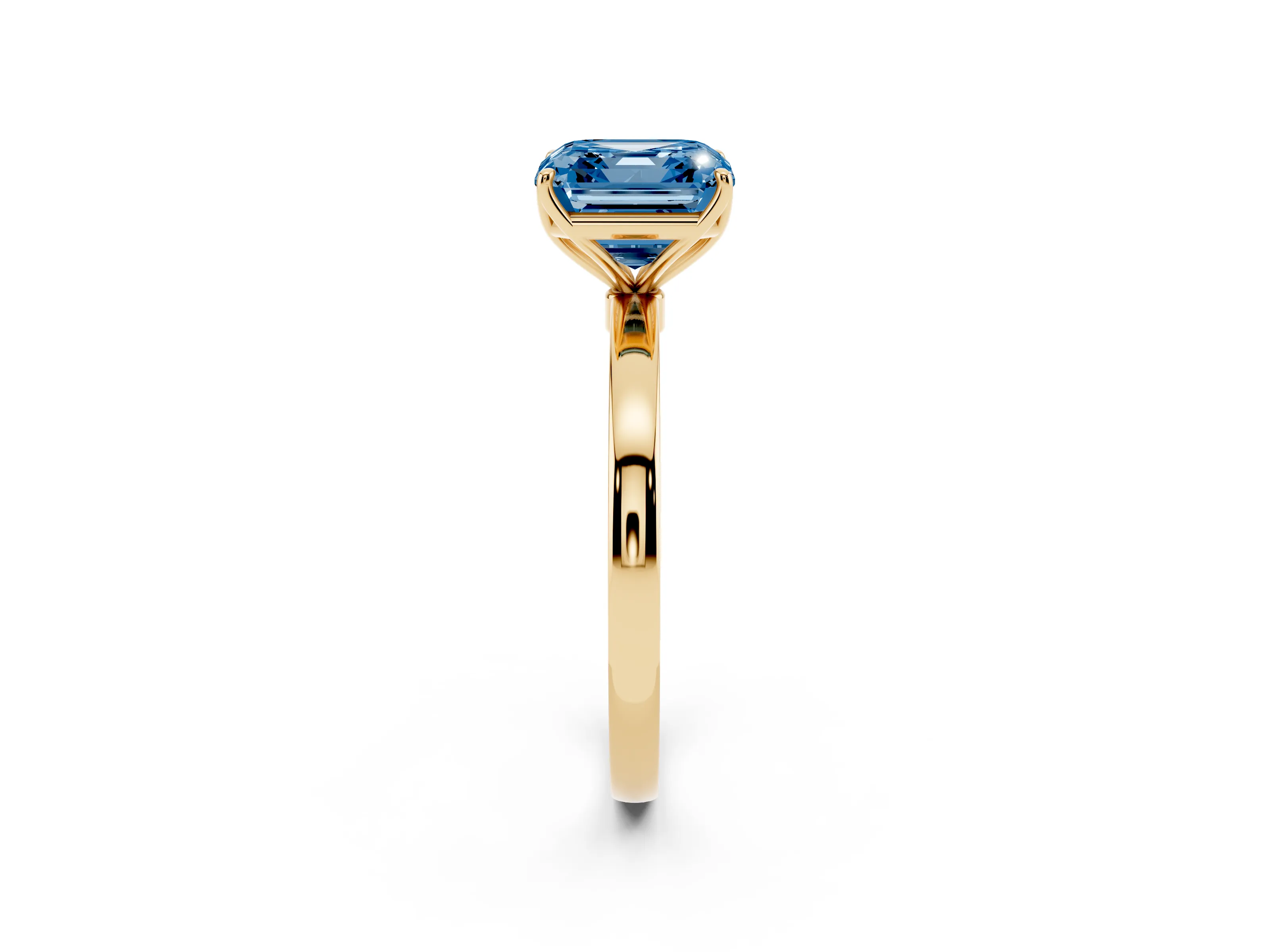 Fancy Blue Asscher Cut Diamond Solitaire Ring Set in Yellow gold with Prong Setting and Thin Polished Band