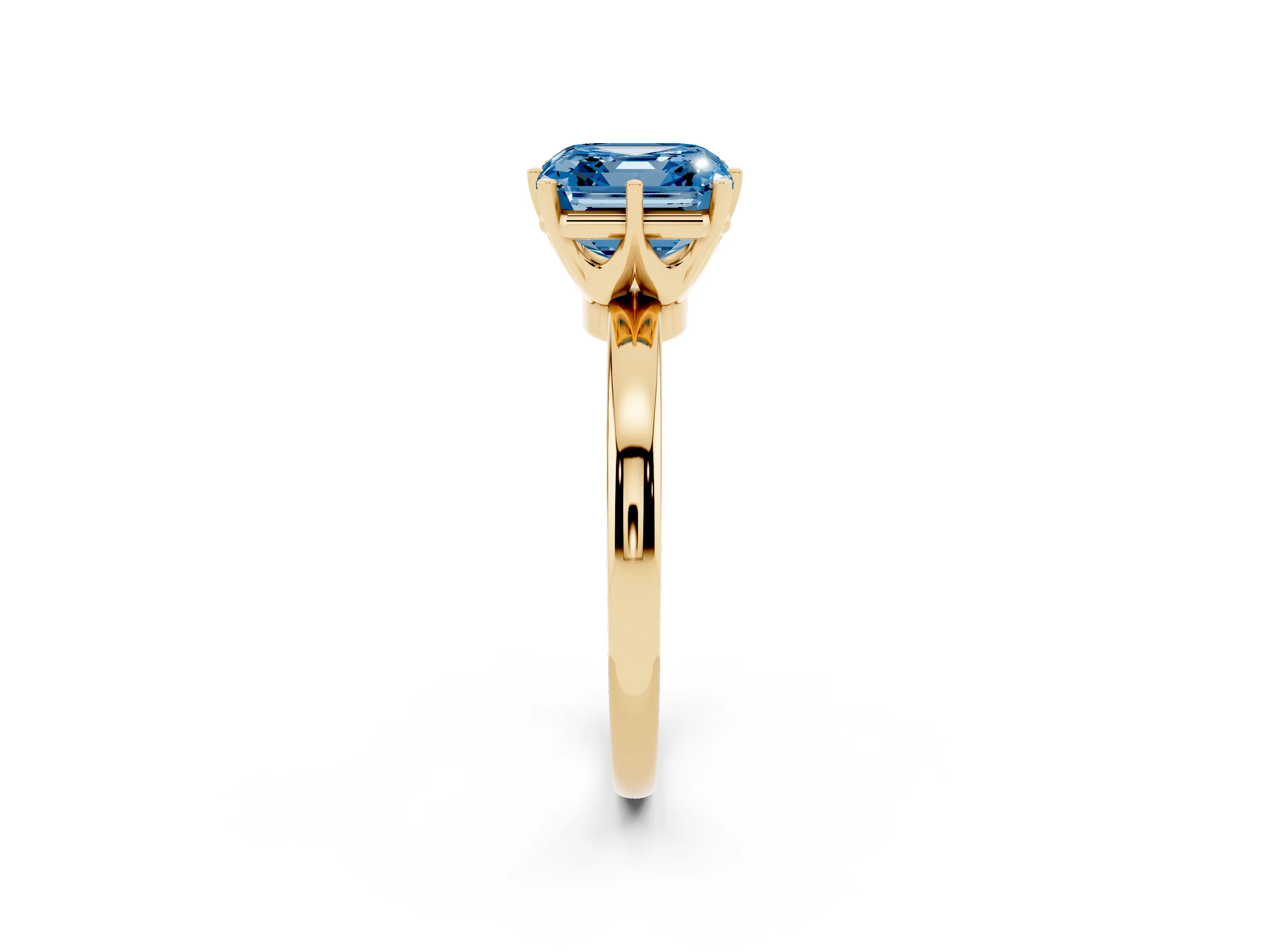Fancy Blue Asscher Cut Diamond Solitaire Ring Set in Yellow gold with Raised Prong Setting on a Classic Band