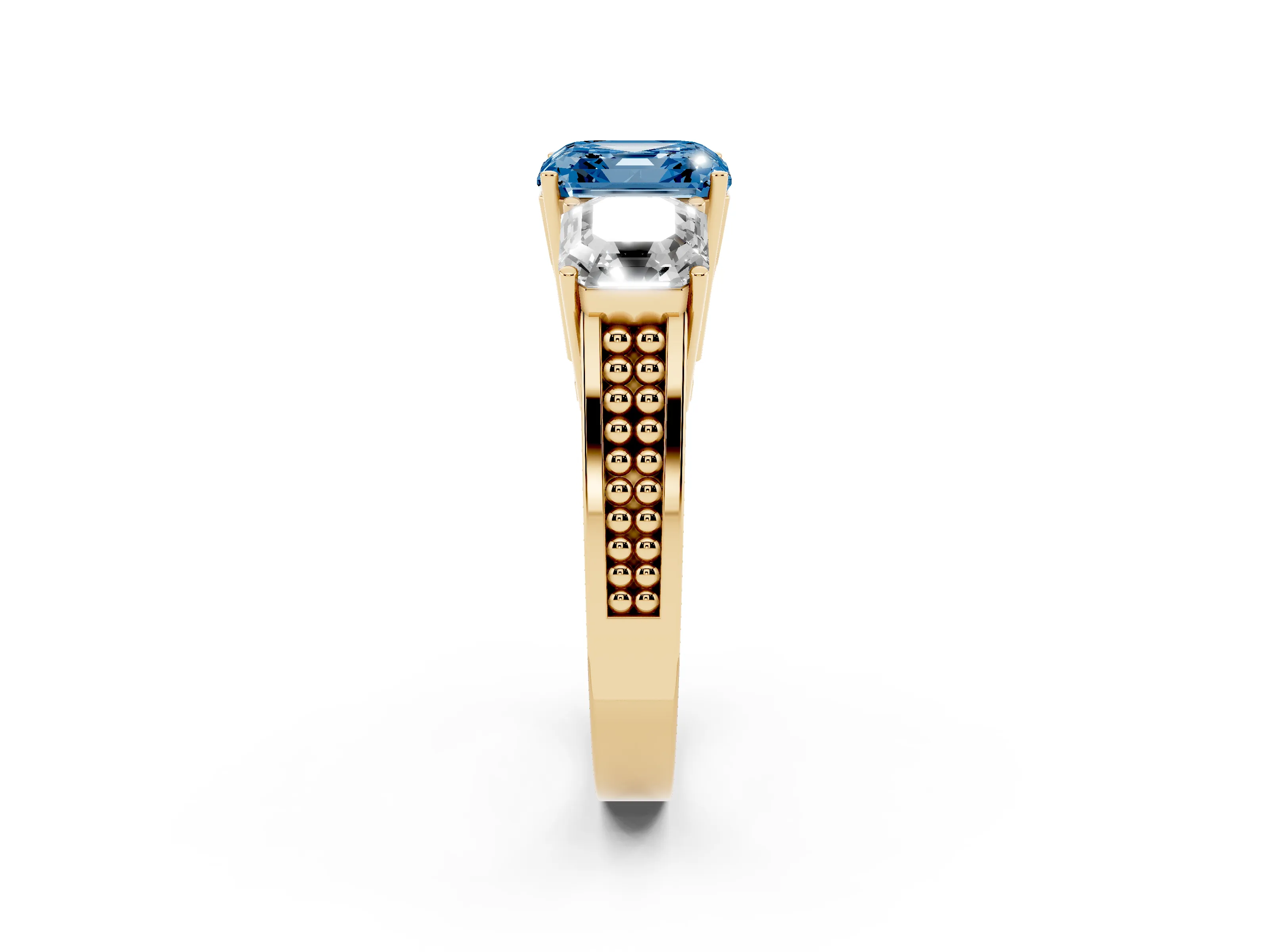 Fancy Blue Asscher Cut Diamond Three-Stone Ring Set in Yellow gold with Textured Band