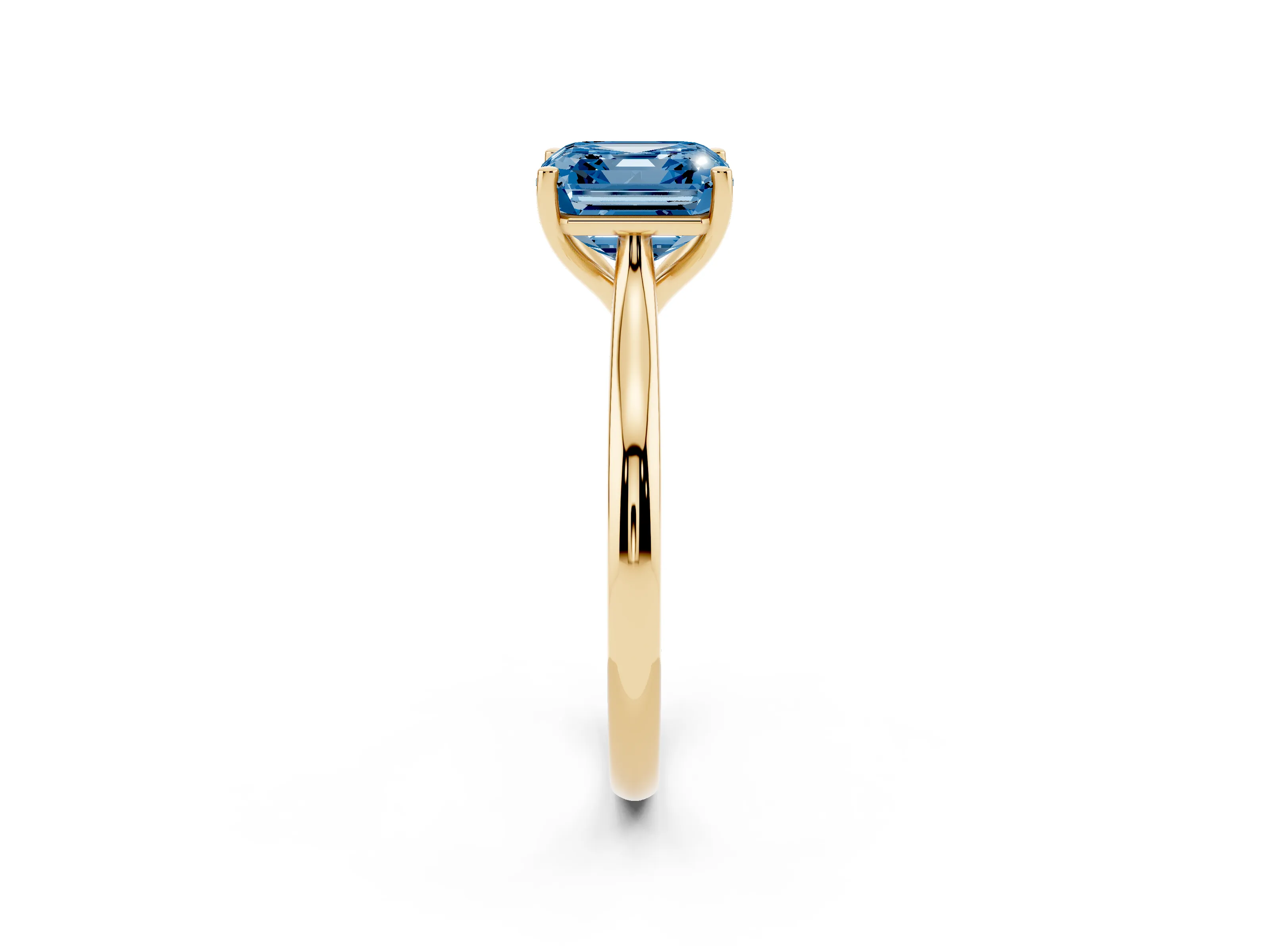 Fancy Blue Asscher Cut Diamond Solitaire Ring Set in Yellow gold with Cathedral Band and Prong Setting