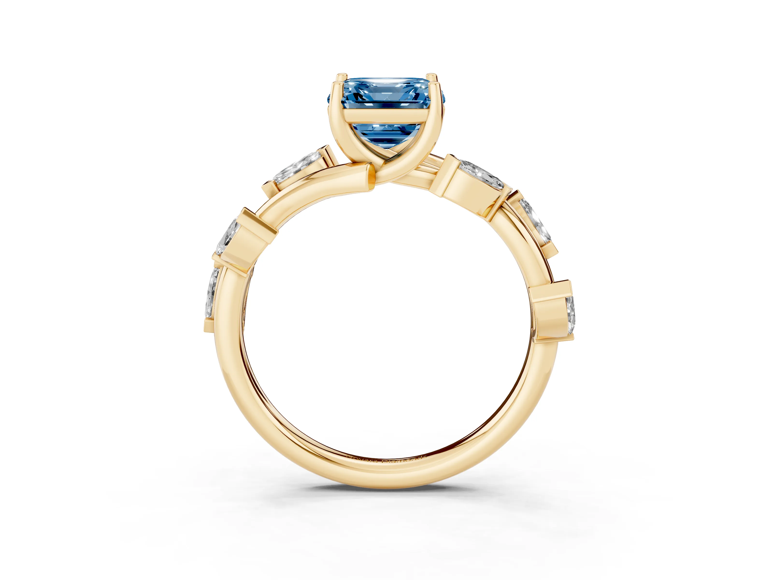 Fancy Blue Asscher Cut Diamond Solitaire Ring Set in Yellow gold with Twisted Marquise Accent Band