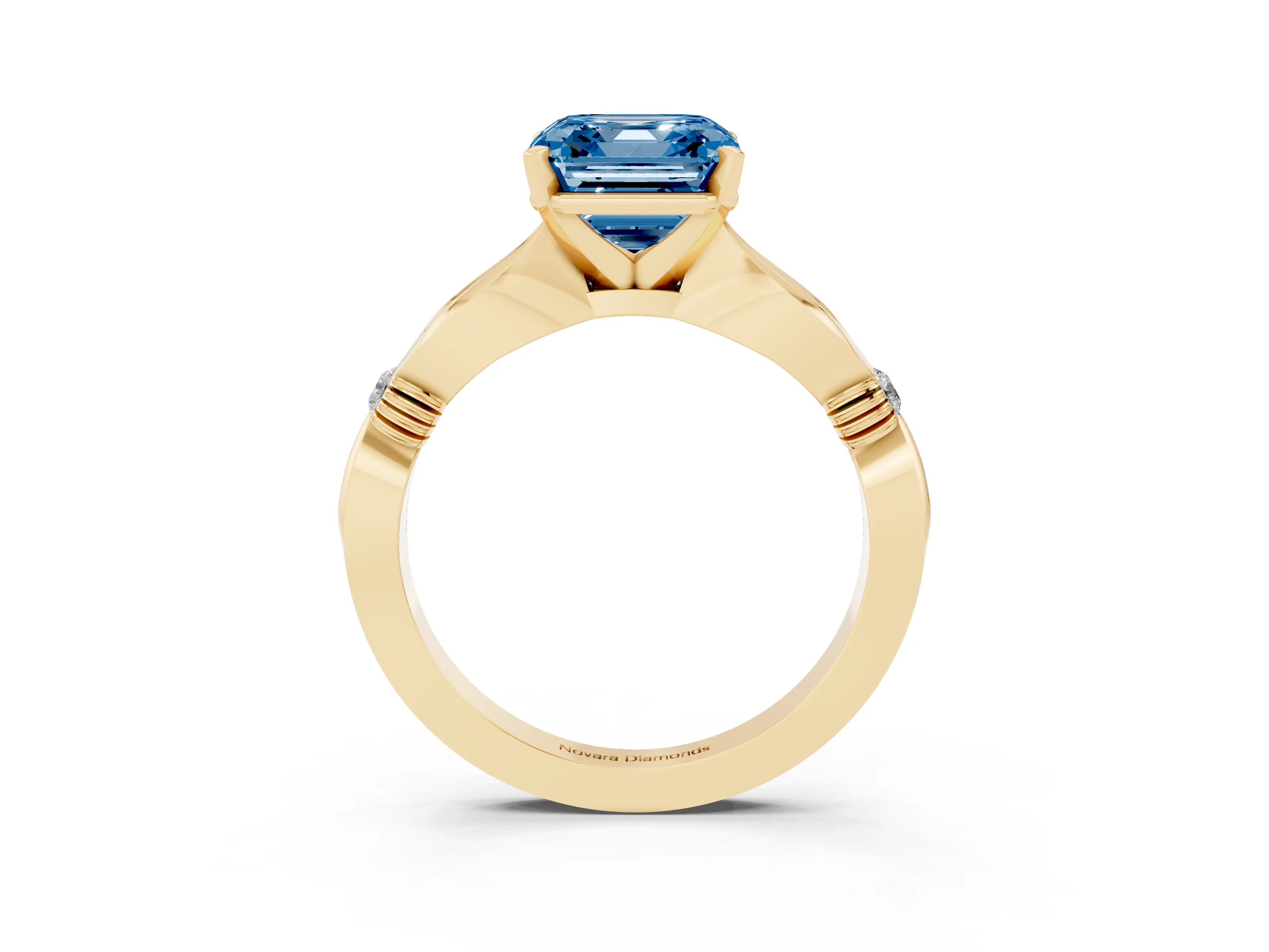 Fancy Blue Asscher Cut Diamond Solitaire Twisted Band Ring Set in Yellow gold with Accent Stones and Prong Setting