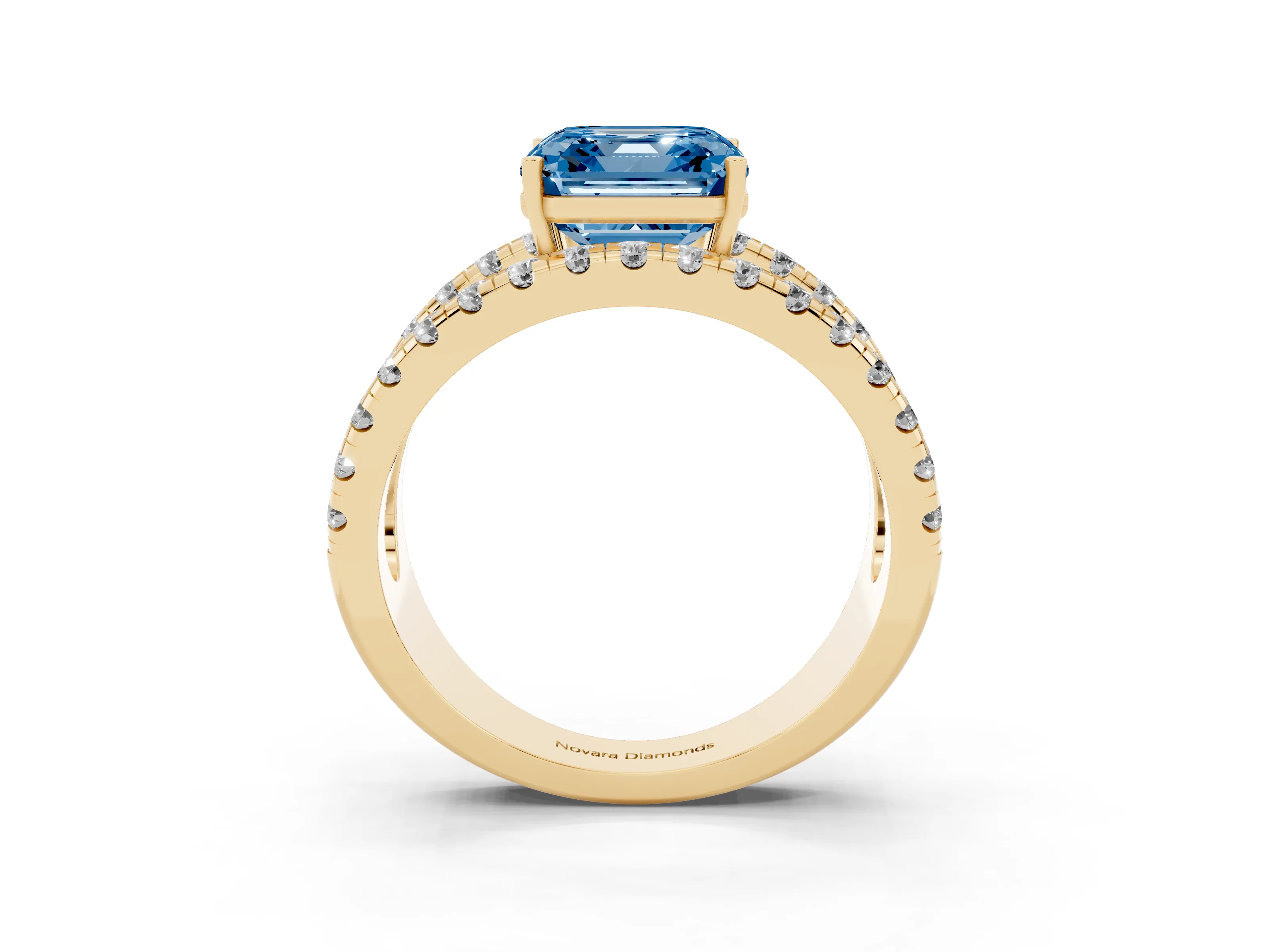 Fancy Blue Asscher Cut Diamond Split Shank Pavé Solitaire Ring Set in Yellow gold with Open Shank Design