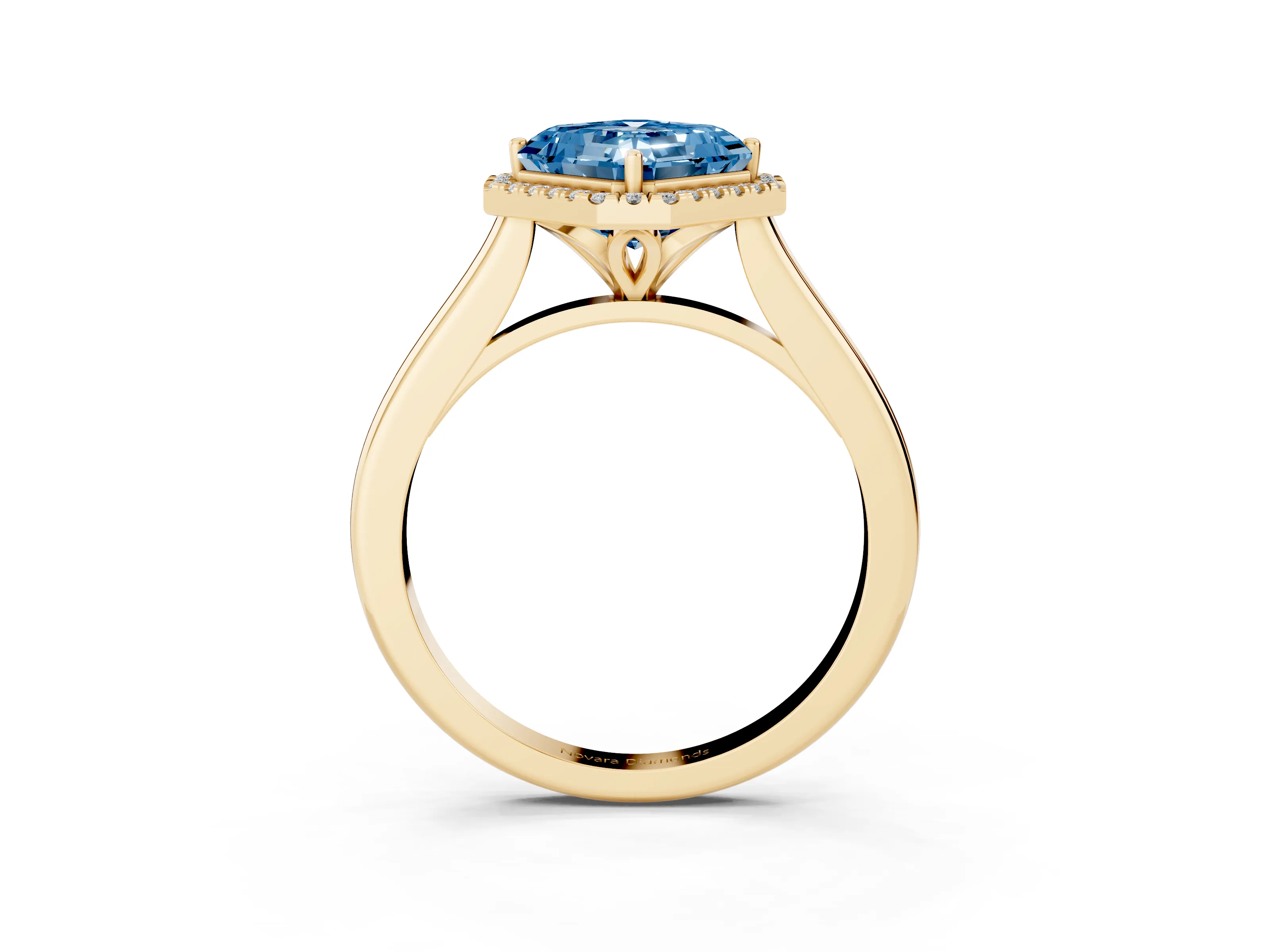 Fancy Blue Asscher Cut Diamond Halo Engagement Ring Set in Yellow gold with Pavé Band and Rising Shoulders