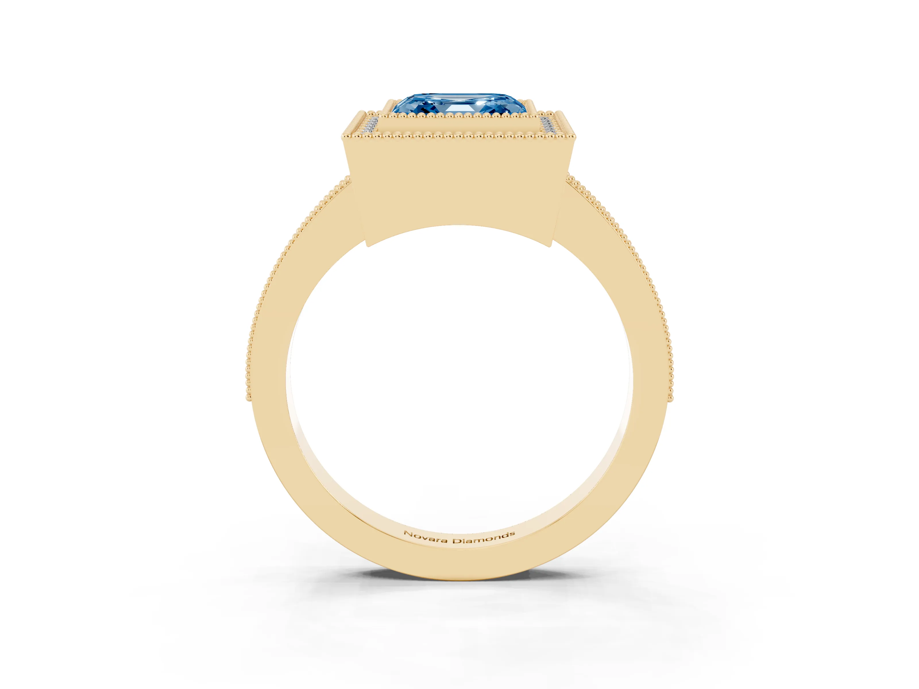 Fancy Blue Asscher Cut Diamond Halo Engagement Ring Set in Yellow gold with Pavé Band and Round Halo Stones