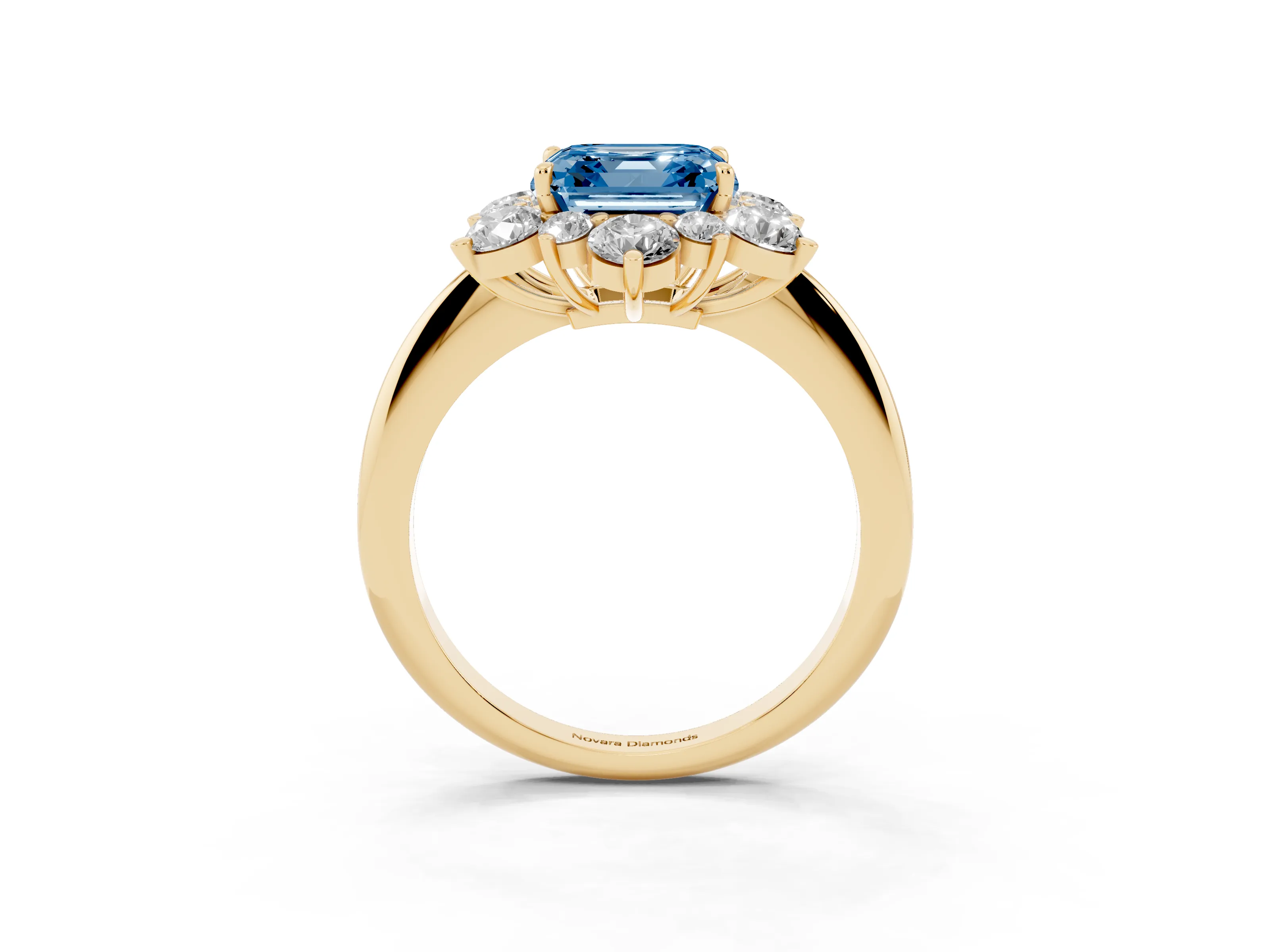 Fancy Blue Asscher Cut Diamond Cluster Halo Ring Set in Yellow gold with Solitaire Band and Prong Setting