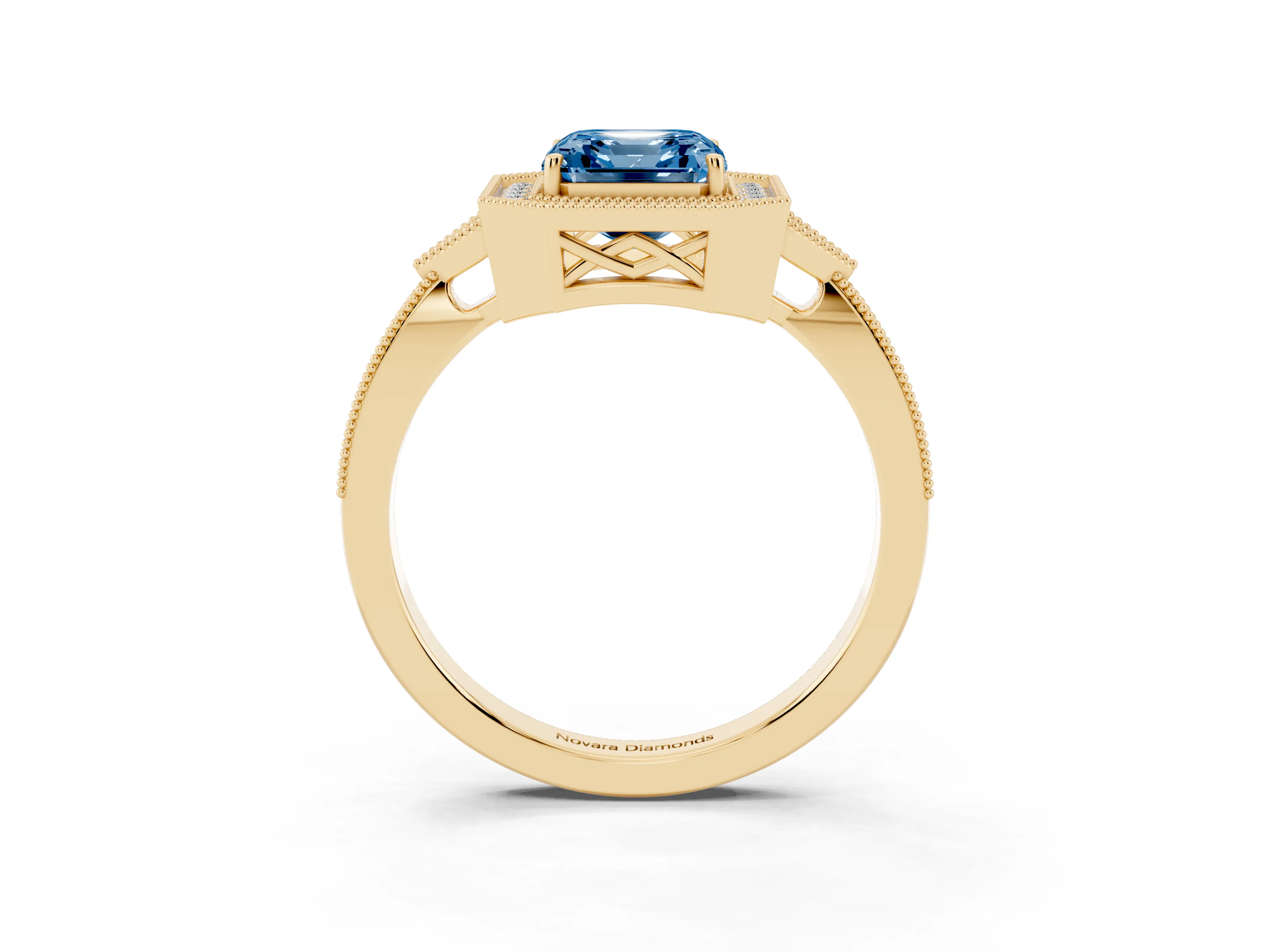 Fancy Blue Asscher Cut Diamond Halo Engagement Ring Set in Yellow gold with Milgrain Pavé Band