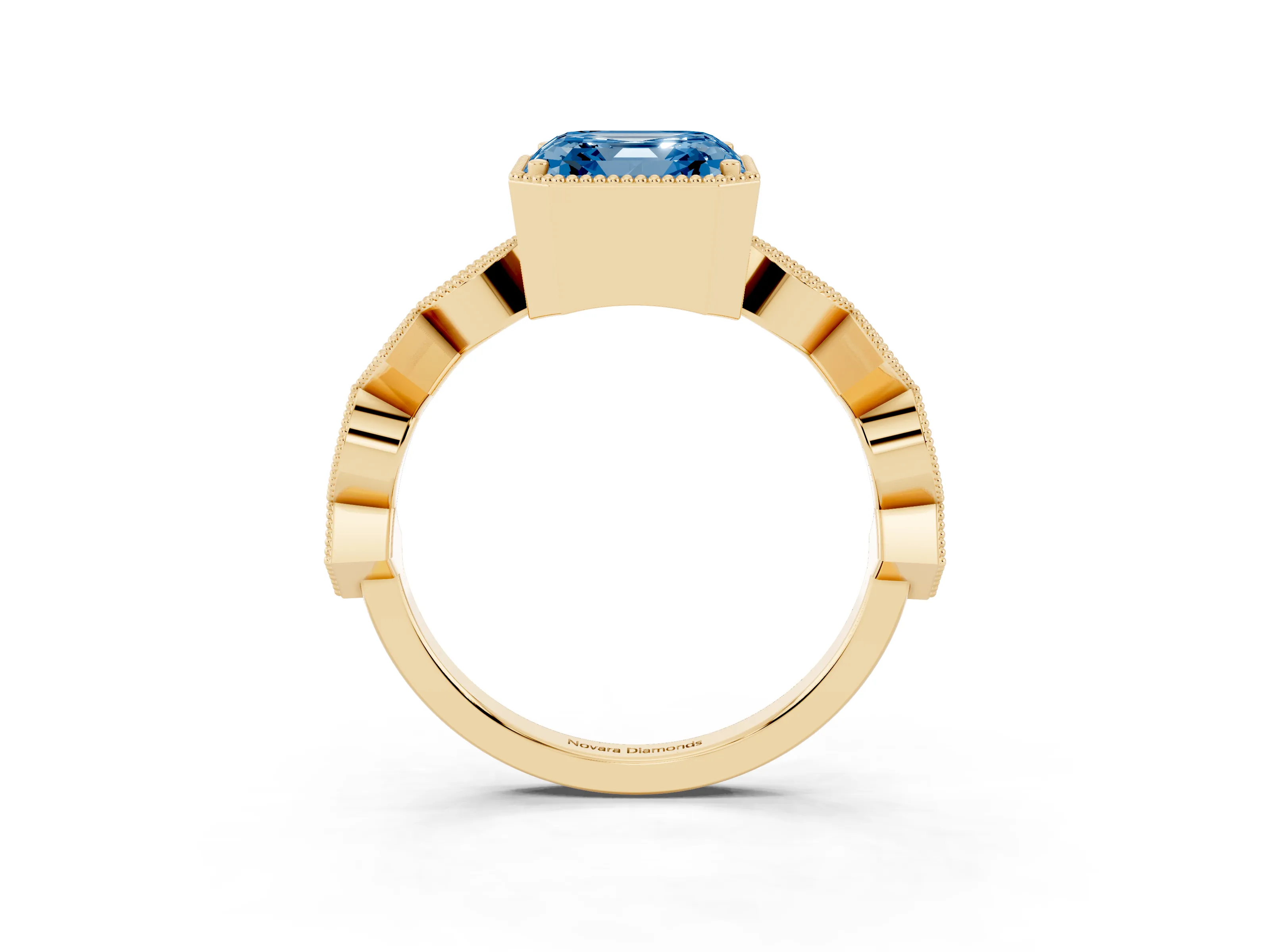 Fancy Blue Asscher Cut Diamond Milgrain Marquise Twist Band Ring Set in Yellow gold with Prong Setting