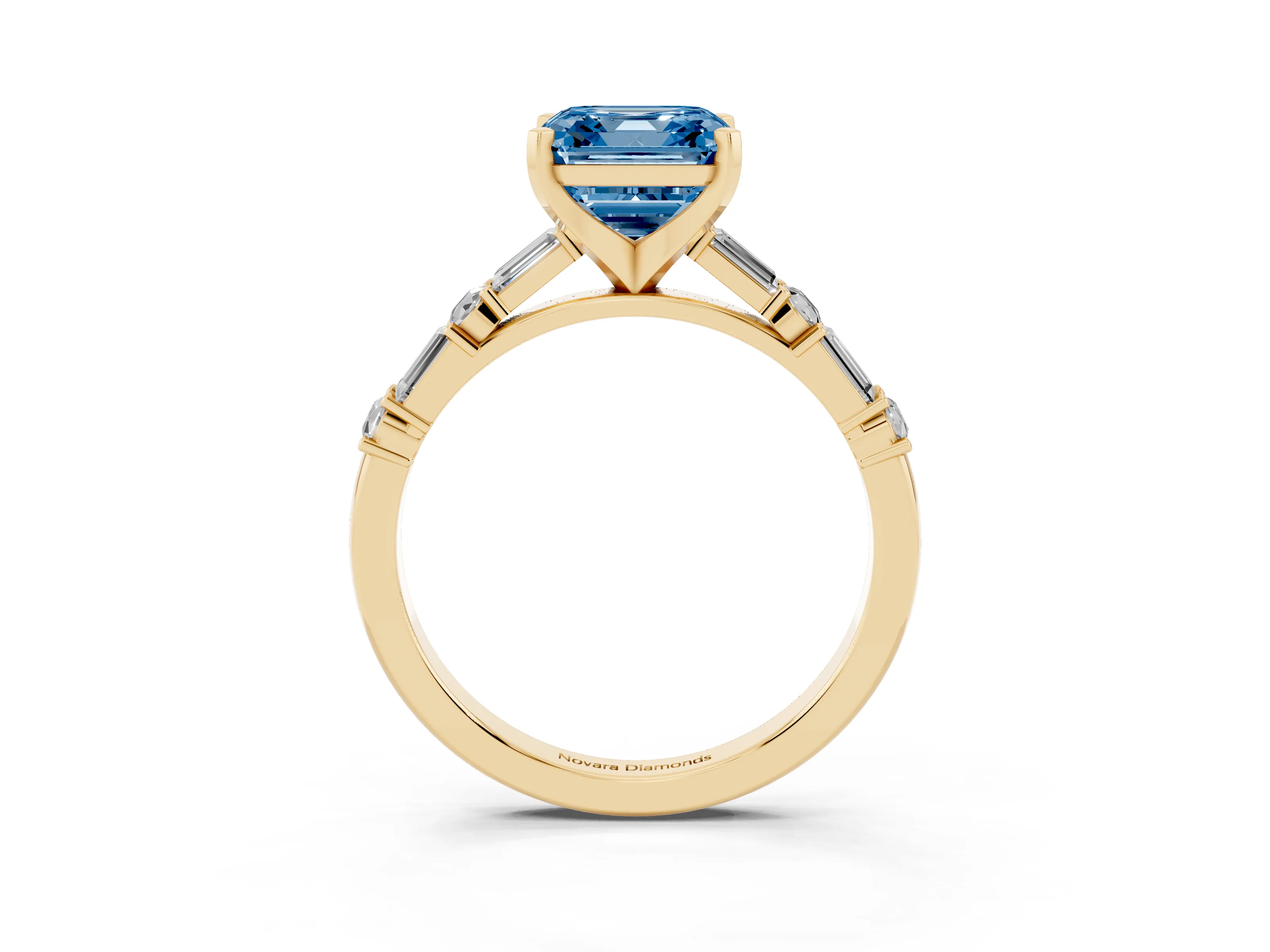 Fancy Blue Asscher Cut Diamond Solitaire Set in Yellow gold with Side Baguettes and Channel Set Band