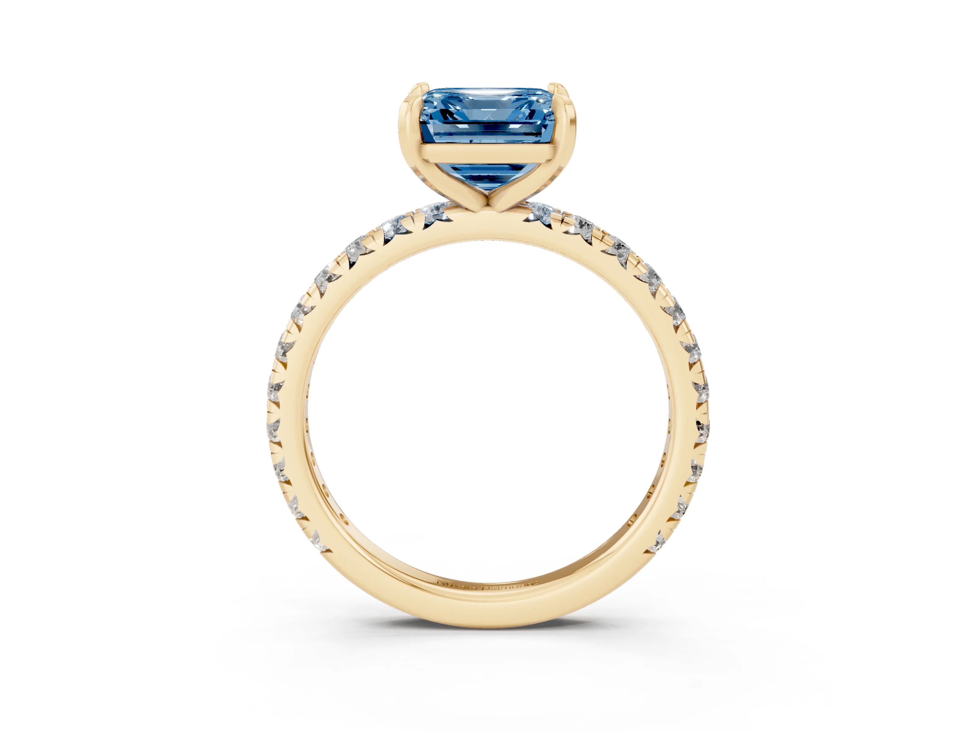 Fancy Blue Asscher Cut Diamond Pavé Solitaire Ring Set in Yellow gold with Round Band and Prong Setting