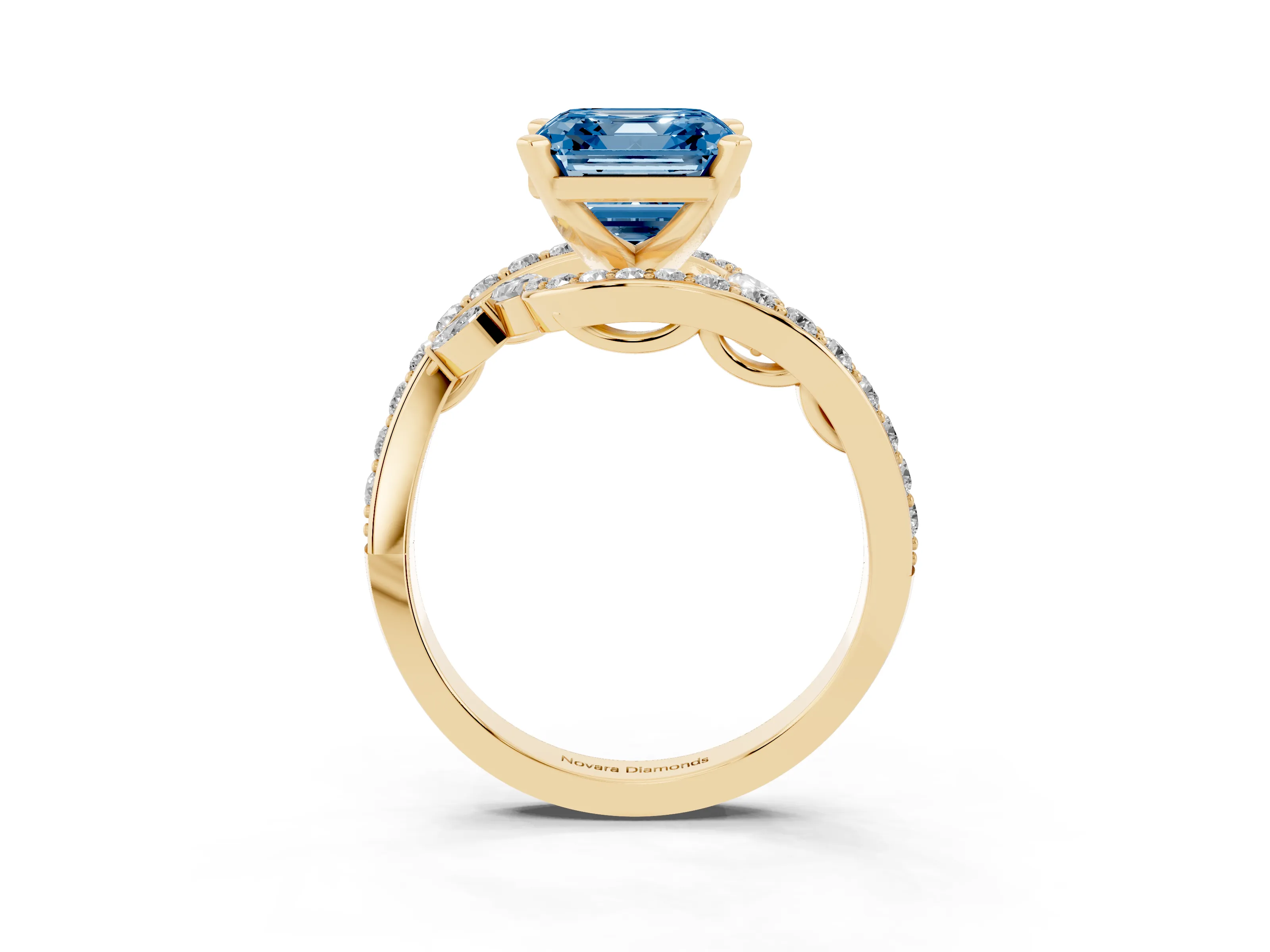 Fancy Blue Asscher Cut Diamond Solitaire Ring Set in Yellow gold with Pavé Twist Band and Secure Prong Setting