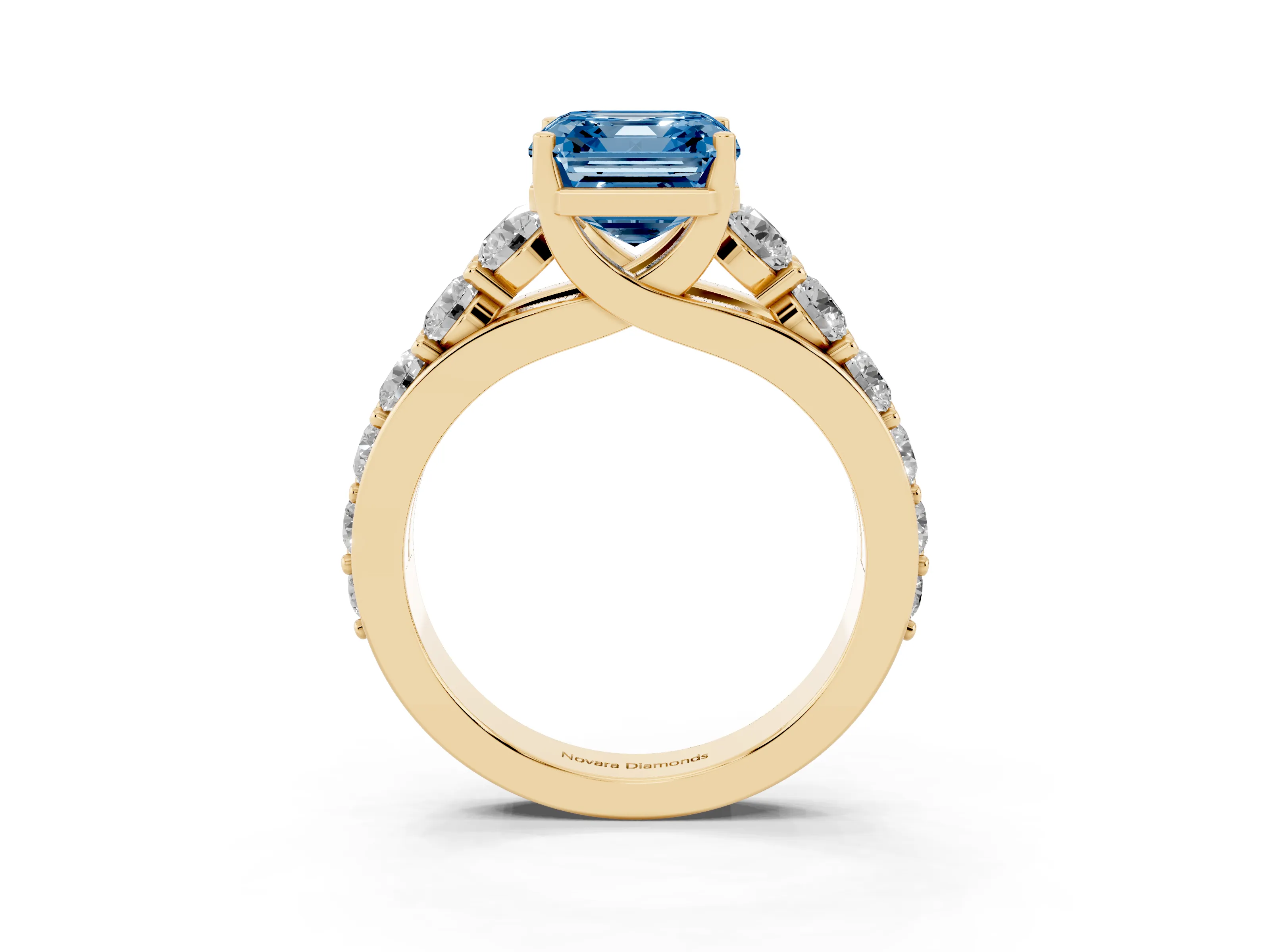 Fancy Blue Asscher Cut Diamond Pavé Engagement Ring Set in Yellow gold with Prong Setting