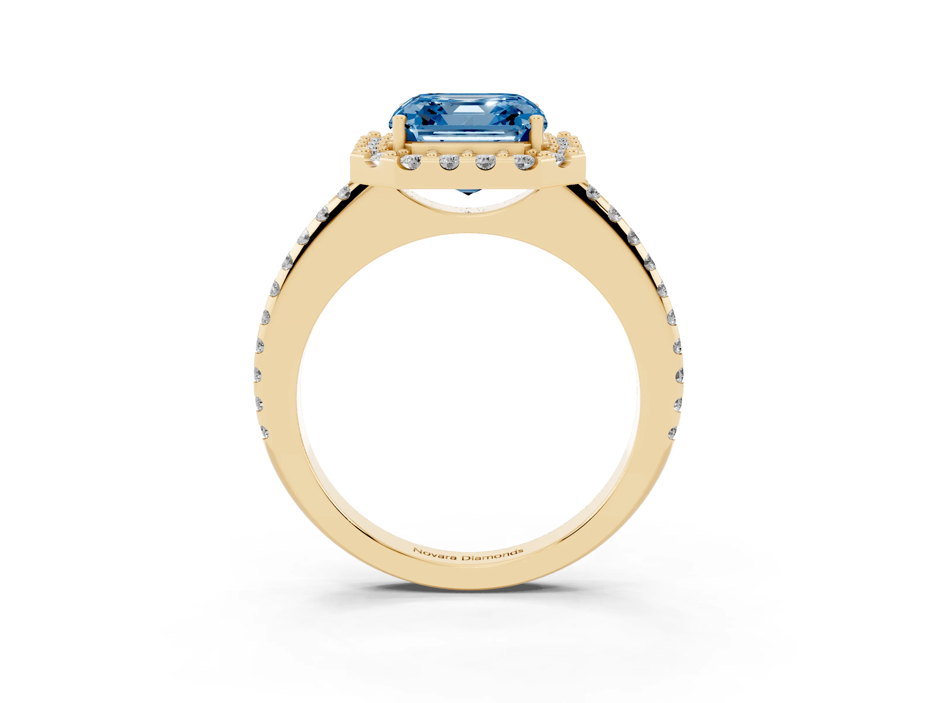 Fancy Blue Asscher Cut Diamond Pavé Halo Ring Set in Yellow gold with Prong Setting