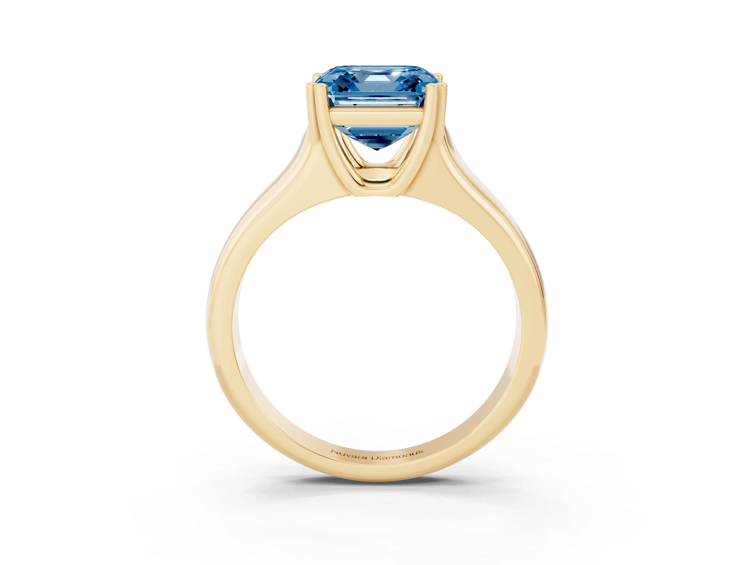 Fancy Blue Asscher Cut Diamond Solitaire Ring Set in Yellow gold with Wide Band and Prong Setting