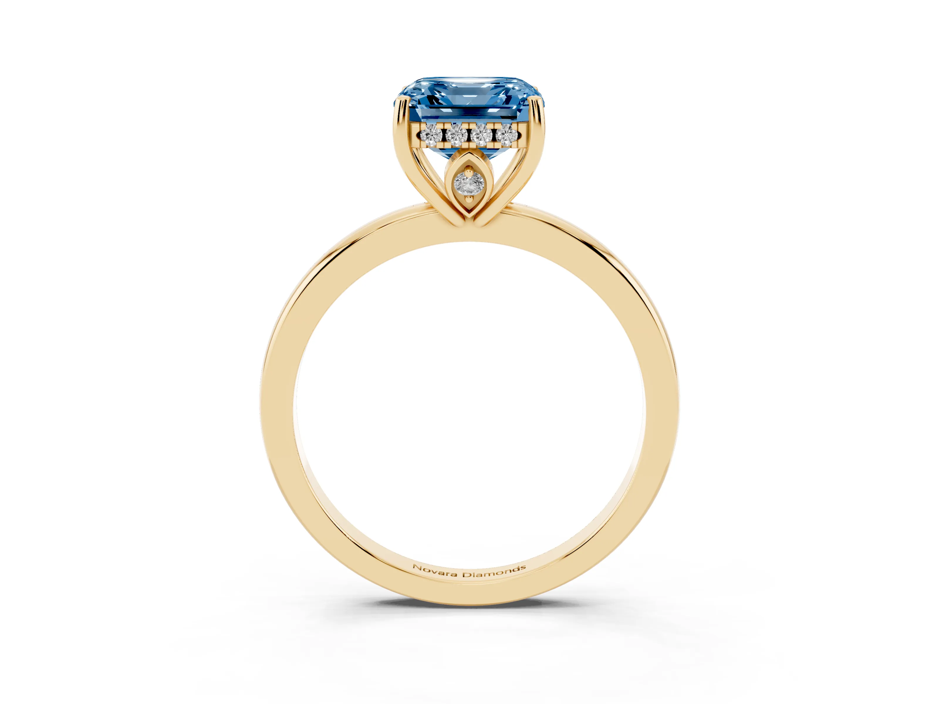 Fancy Blue Asscher Cut Diamond Solitaire Ring Set in Yellow gold with Plain Band and Prong Setting