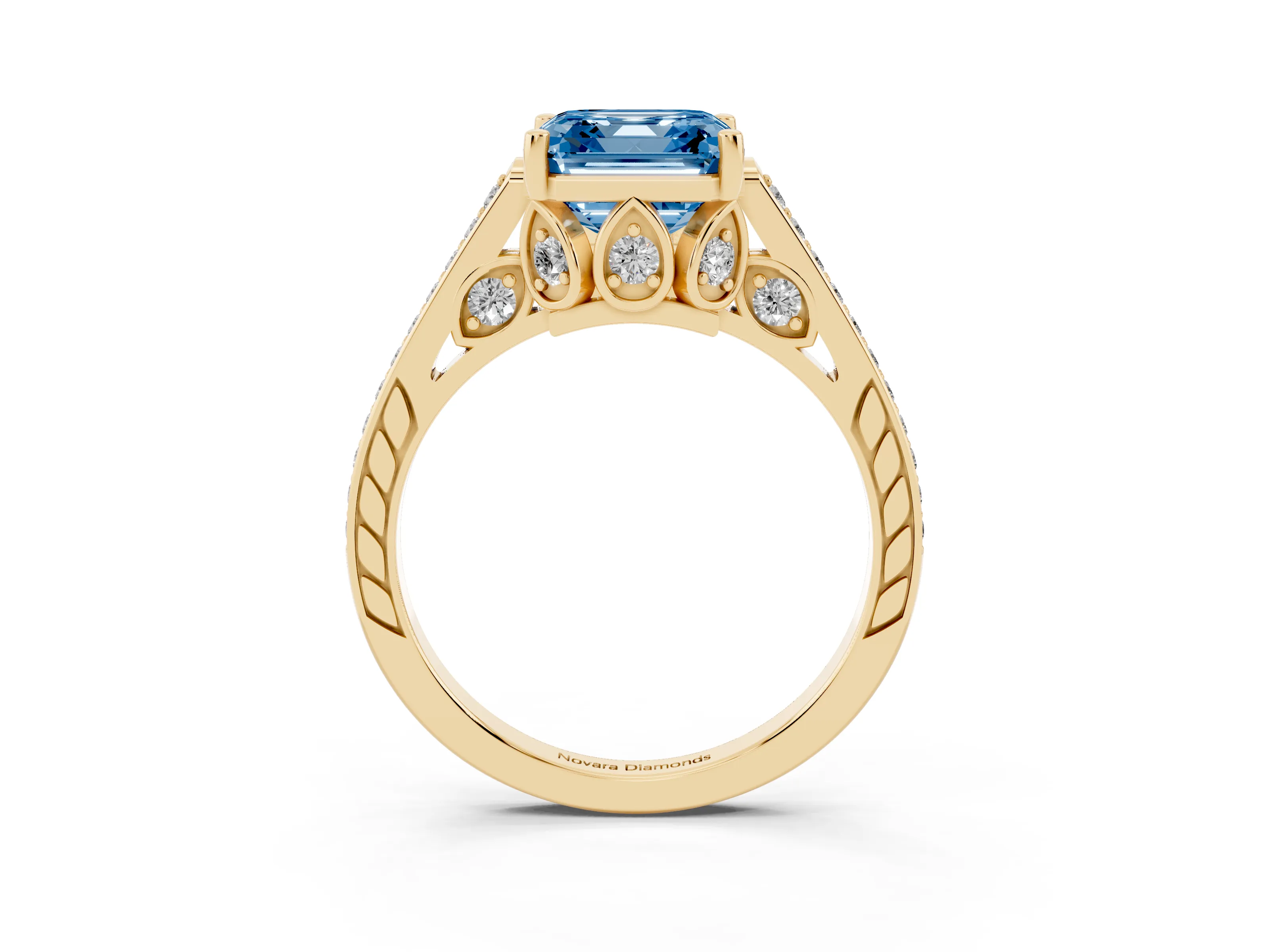 Fancy Blue Asscher Cut Diamond Cathedral Pavé Engagement Ring Set in Yellow gold with Prong Setting