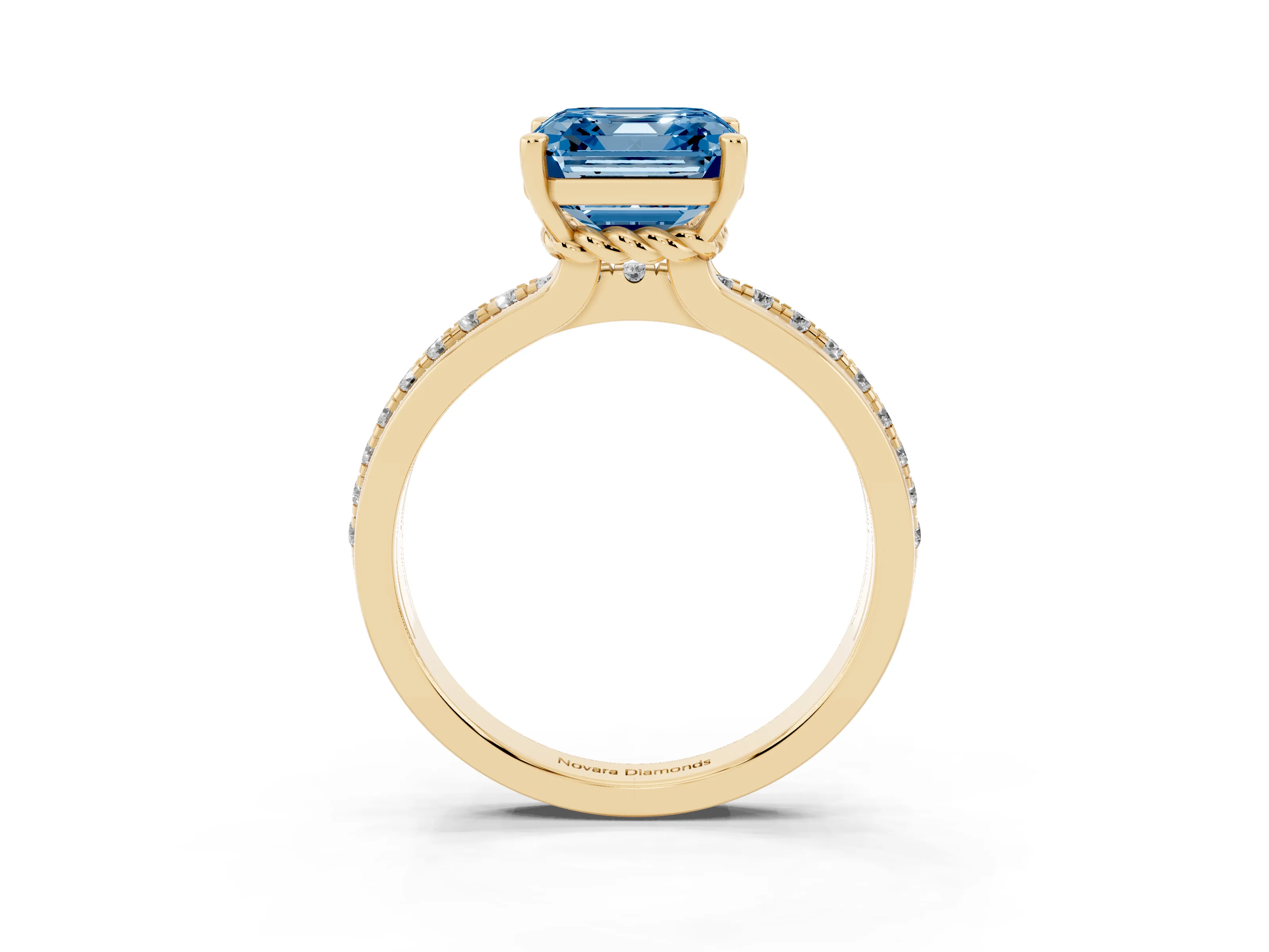 Fancy Blue Asscher Cut Diamond Solitaire Ring Set in Yellow gold with Channel Set Band and Prong Setting