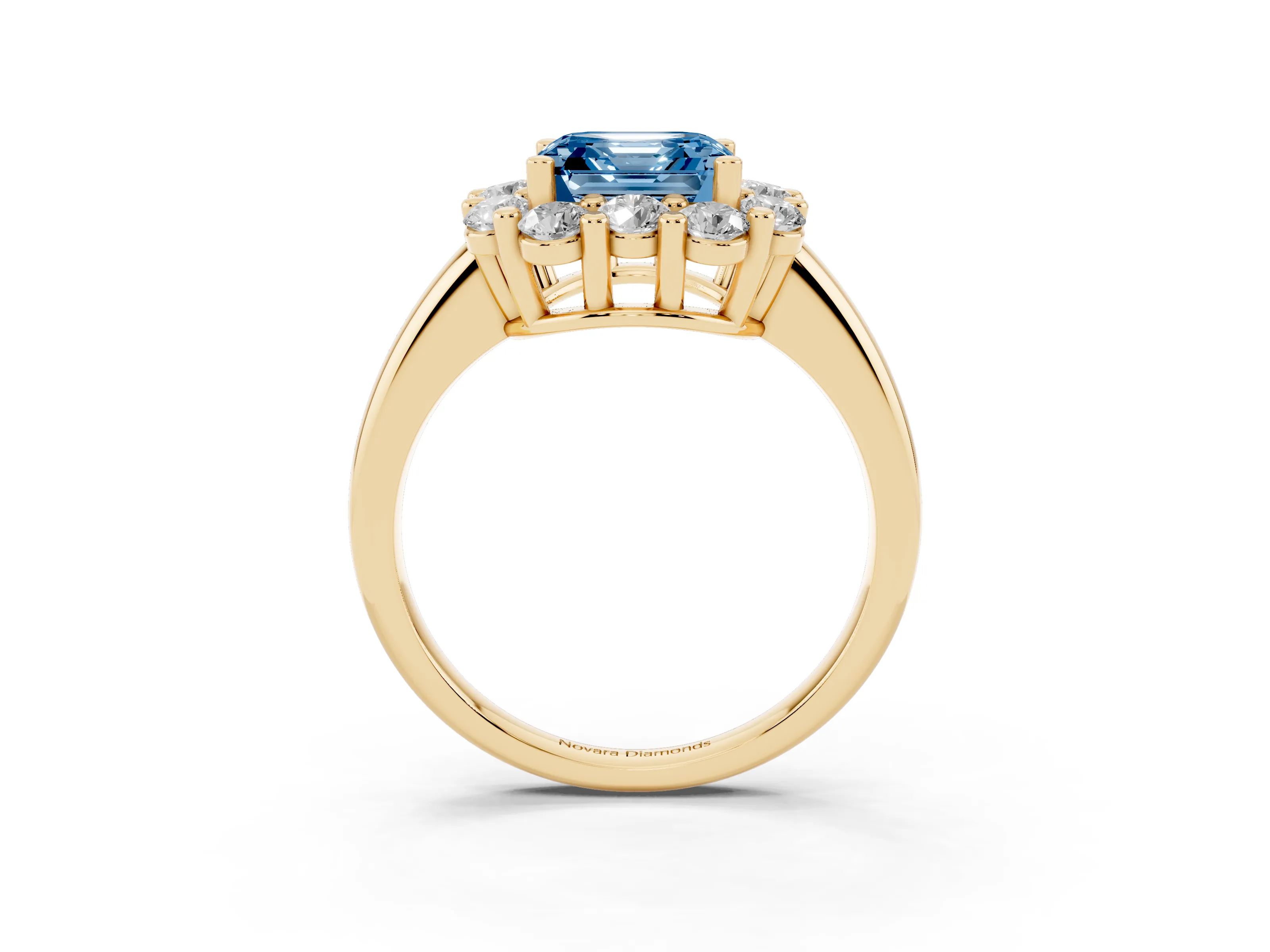 Fancy Blue Asscher Cut Diamond Halo Cluster Engagement Ring Set in Yellow gold with Polished Band and Prong Setting