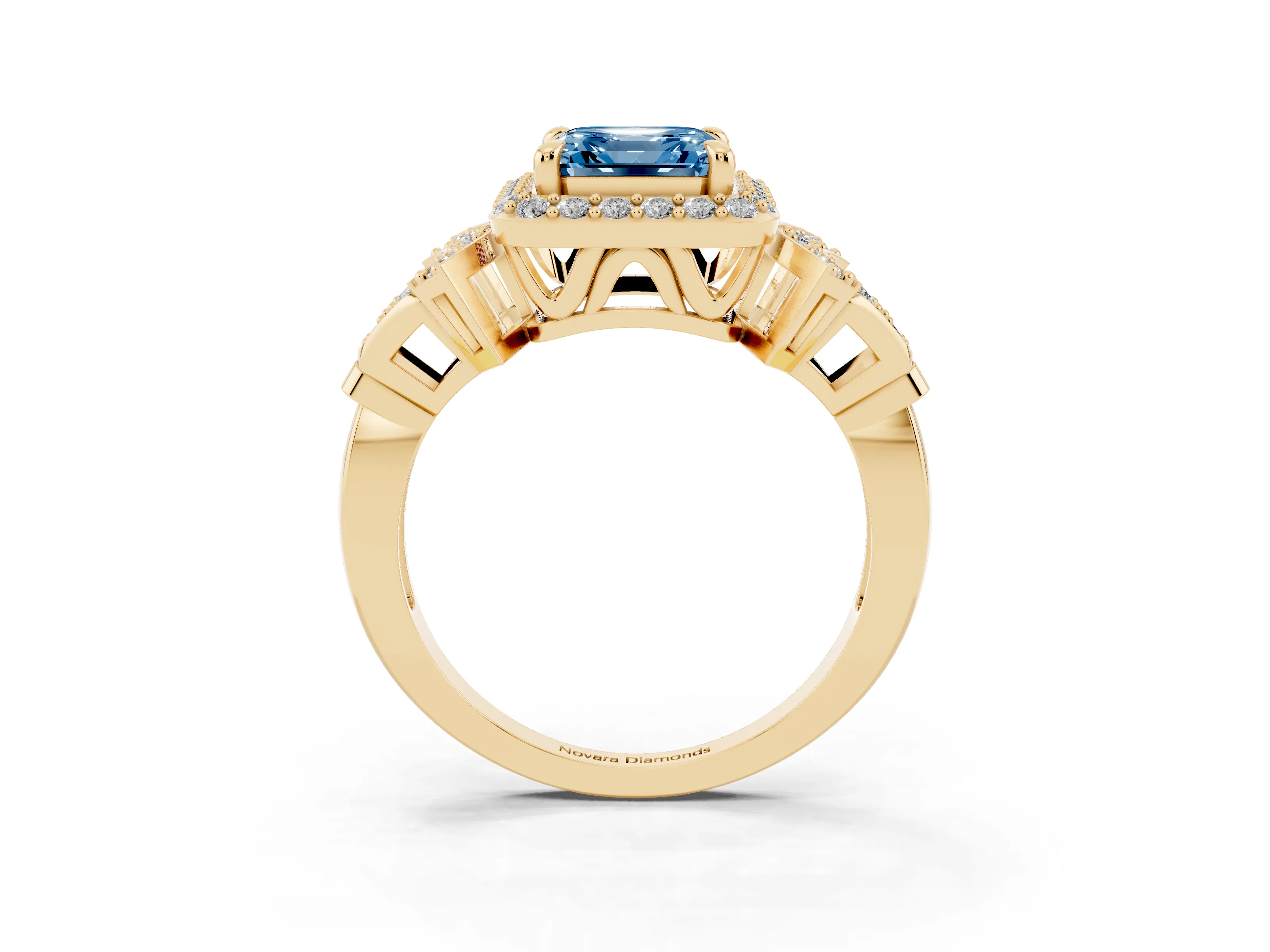 Fancy Blue Asscher Cut Diamond Halo Engagement Ring Set in Yellow gold with Accent Stone Split Shank