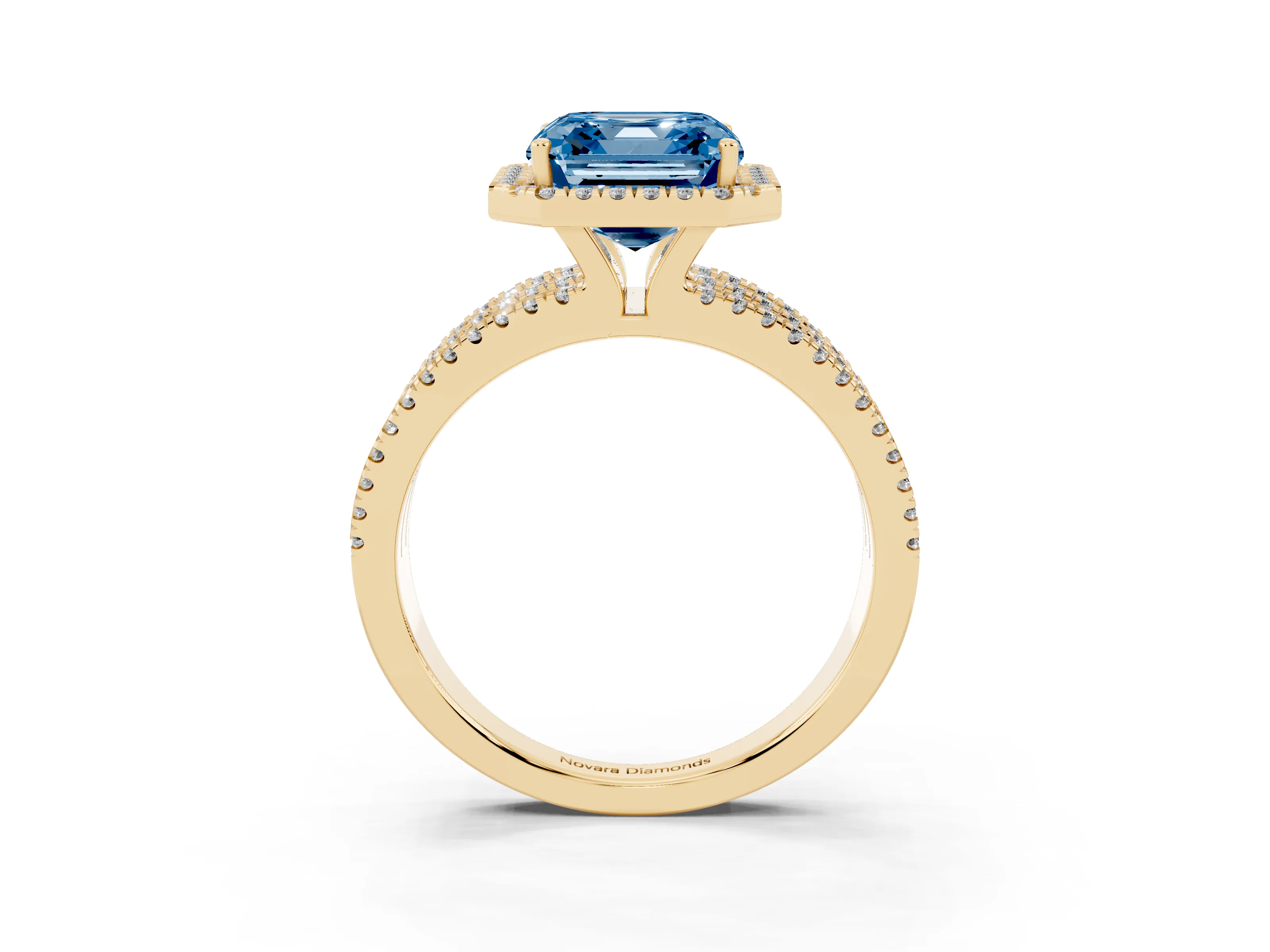 Fancy Blue Asscher Cut Diamond Halo Split Shank Engagement Ring Set in Yellow gold with Prong Setting