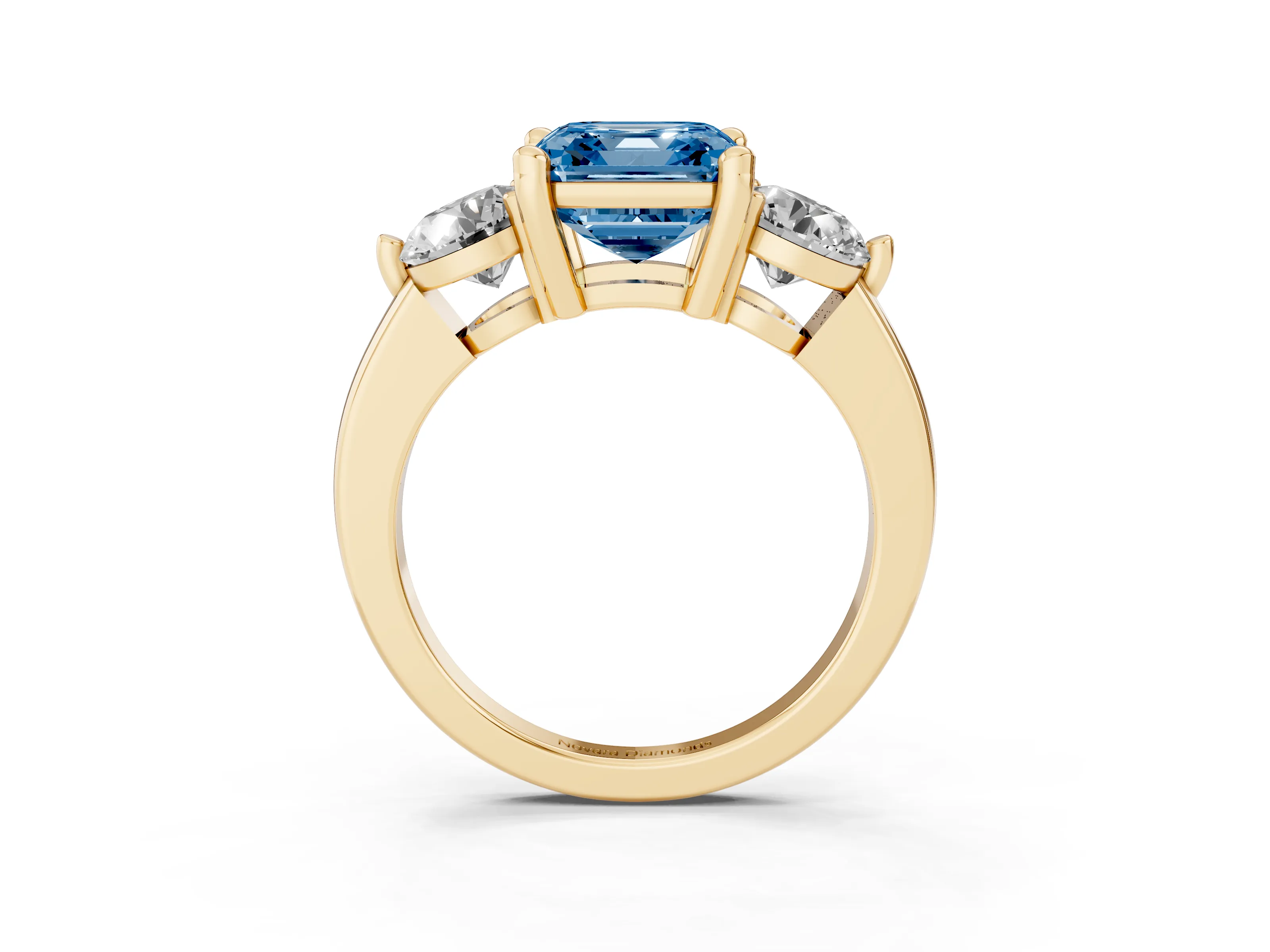 Fancy Blue Asscher Cut Diamond Three-Stone Ring Set in Yellow gold with Prong Setting and Classic Band