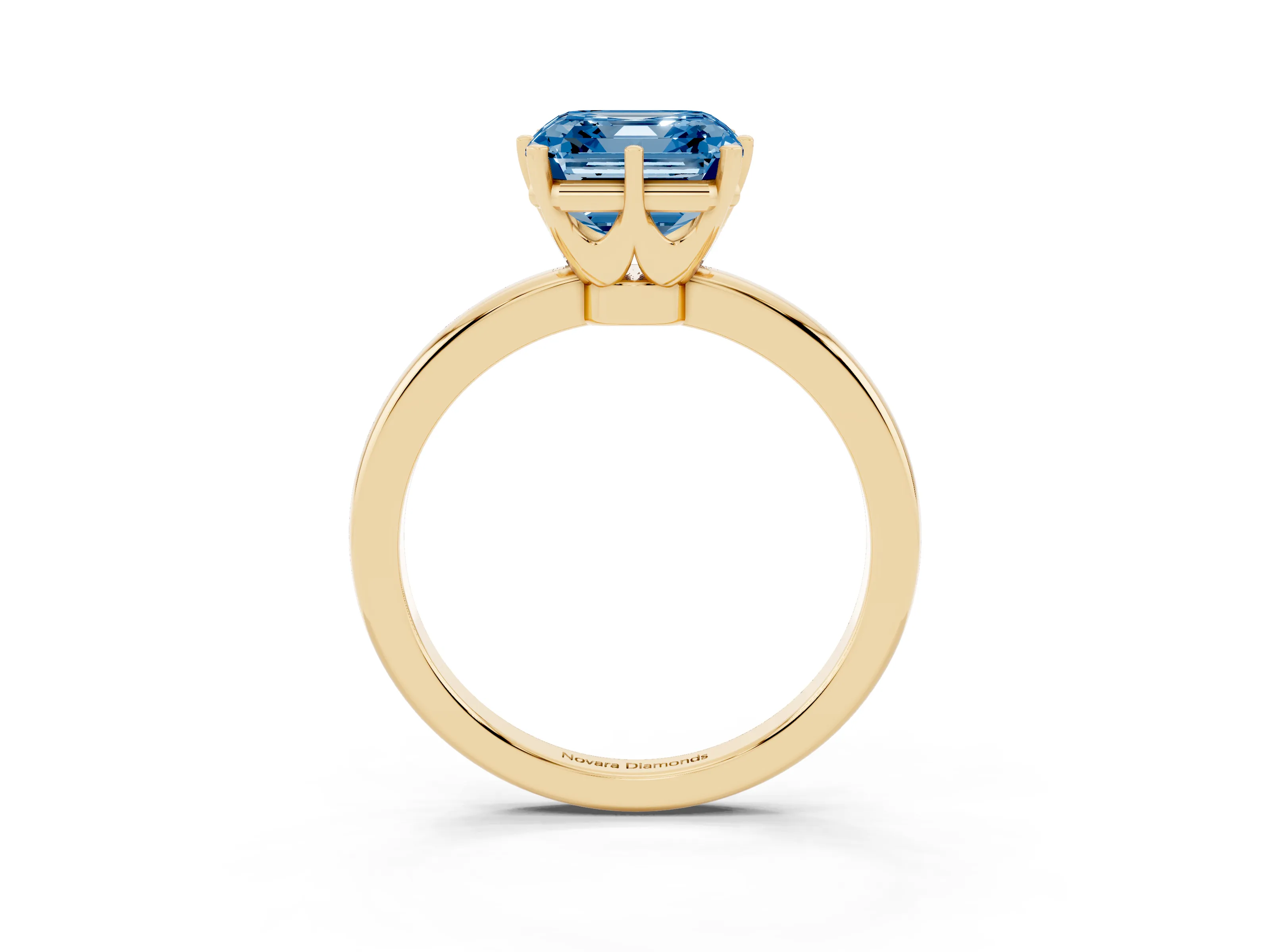 Fancy Blue Asscher Cut Diamond Solitaire Ring Set in Yellow gold with Raised Prong Setting on a Classic Band