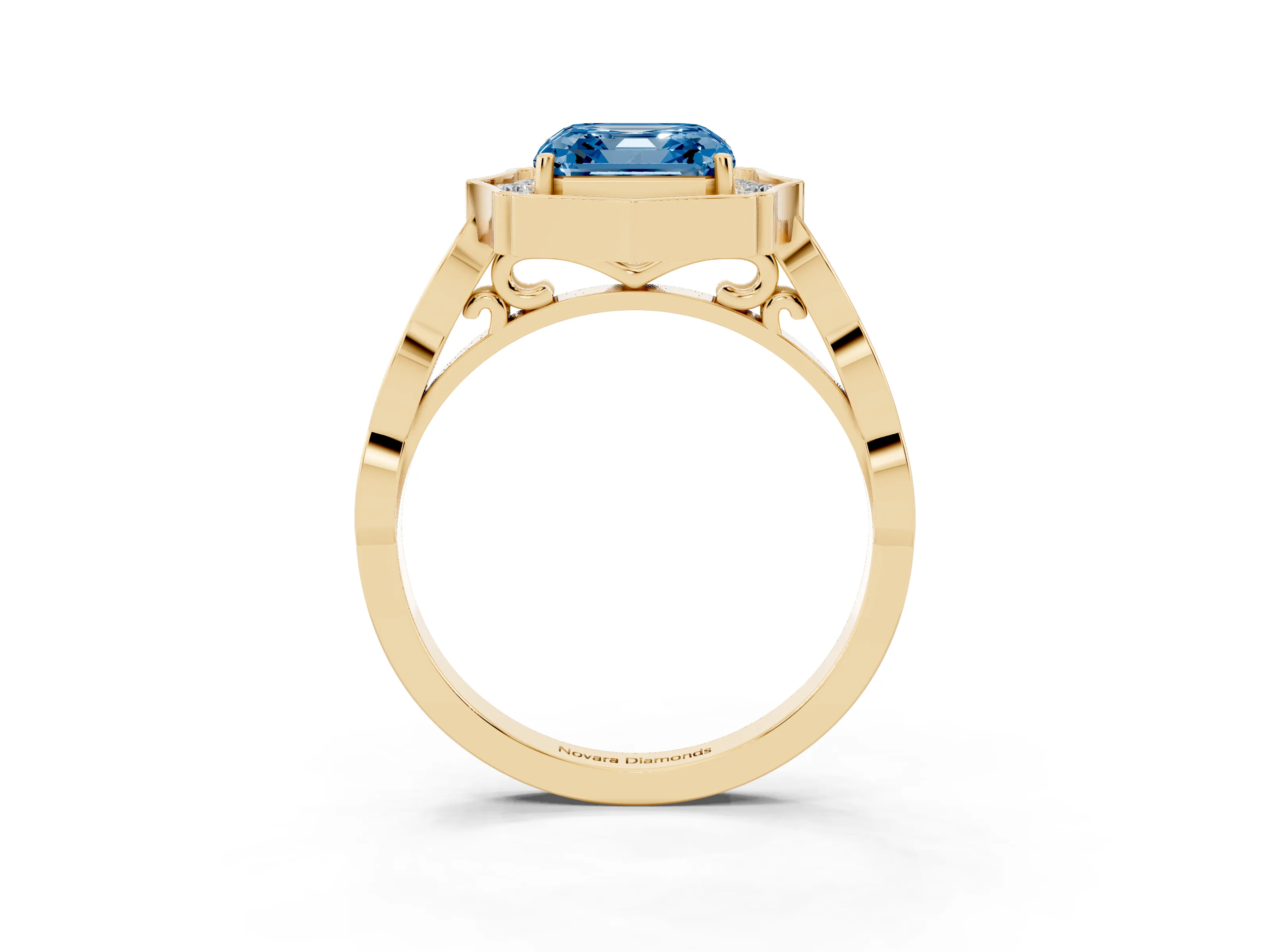 Fancy Blue Asscher Cut Diamond Halo Engagement Ring Set in Yellow gold with Milgrain Band and Prong Setting