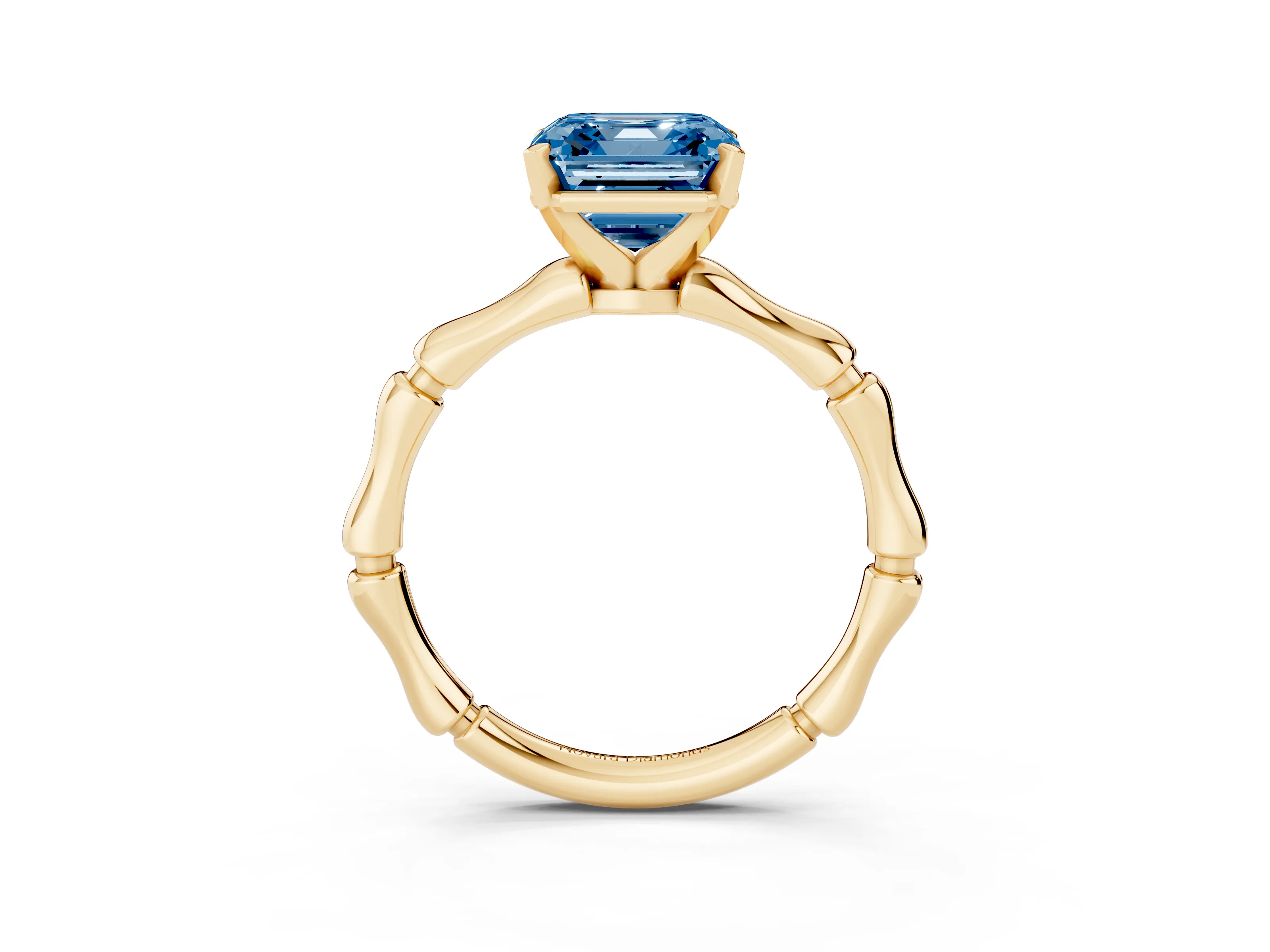 Fancy Blue Asscher Cut Diamond Solitaire Ring Set in Yellow gold with Bamboo Band and Prong Setting
