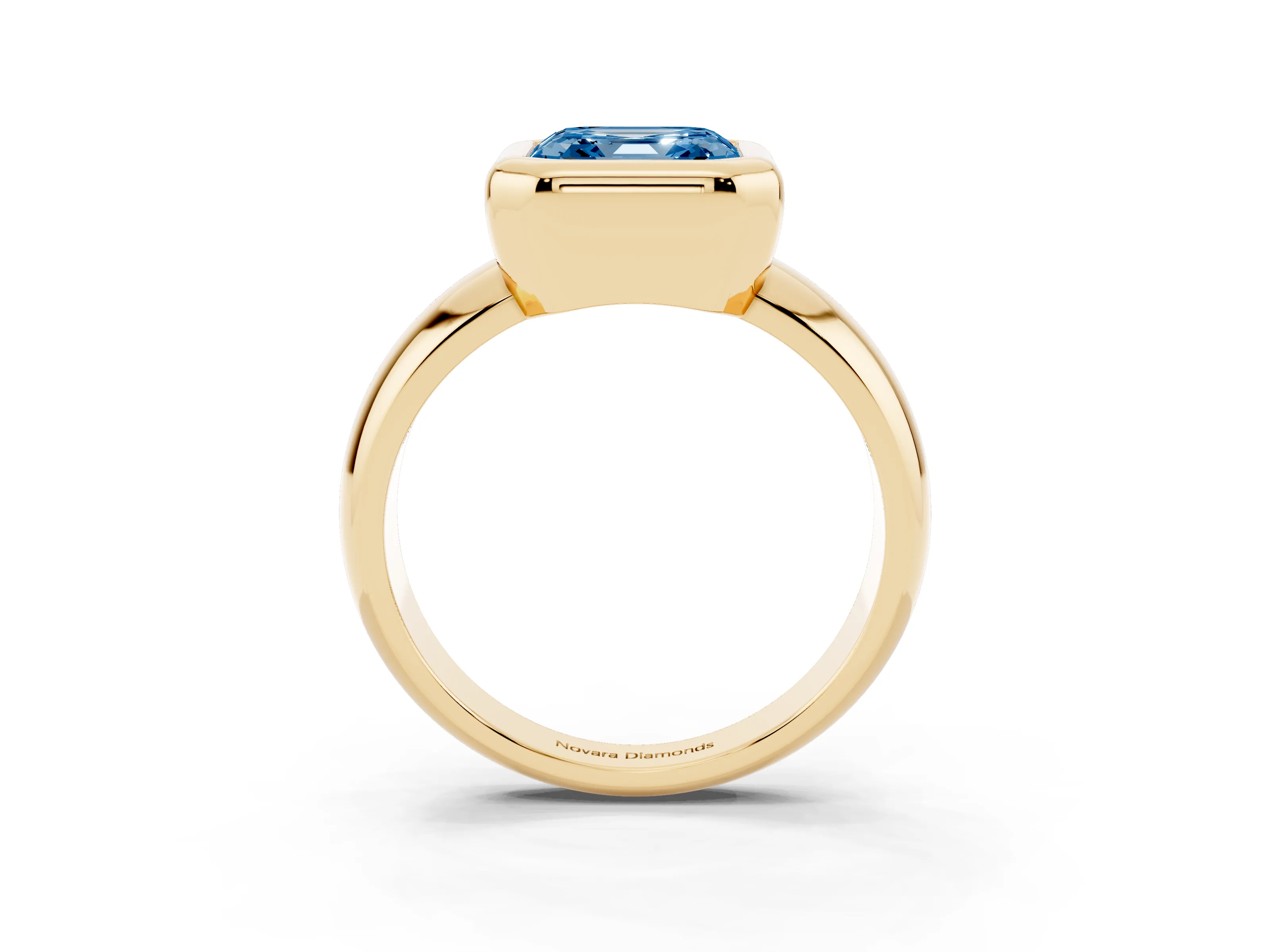 Fancy Blue Bezel Set Asscher Cut Diamond Solitaire Ring Set in Yellow gold with Wide Band
