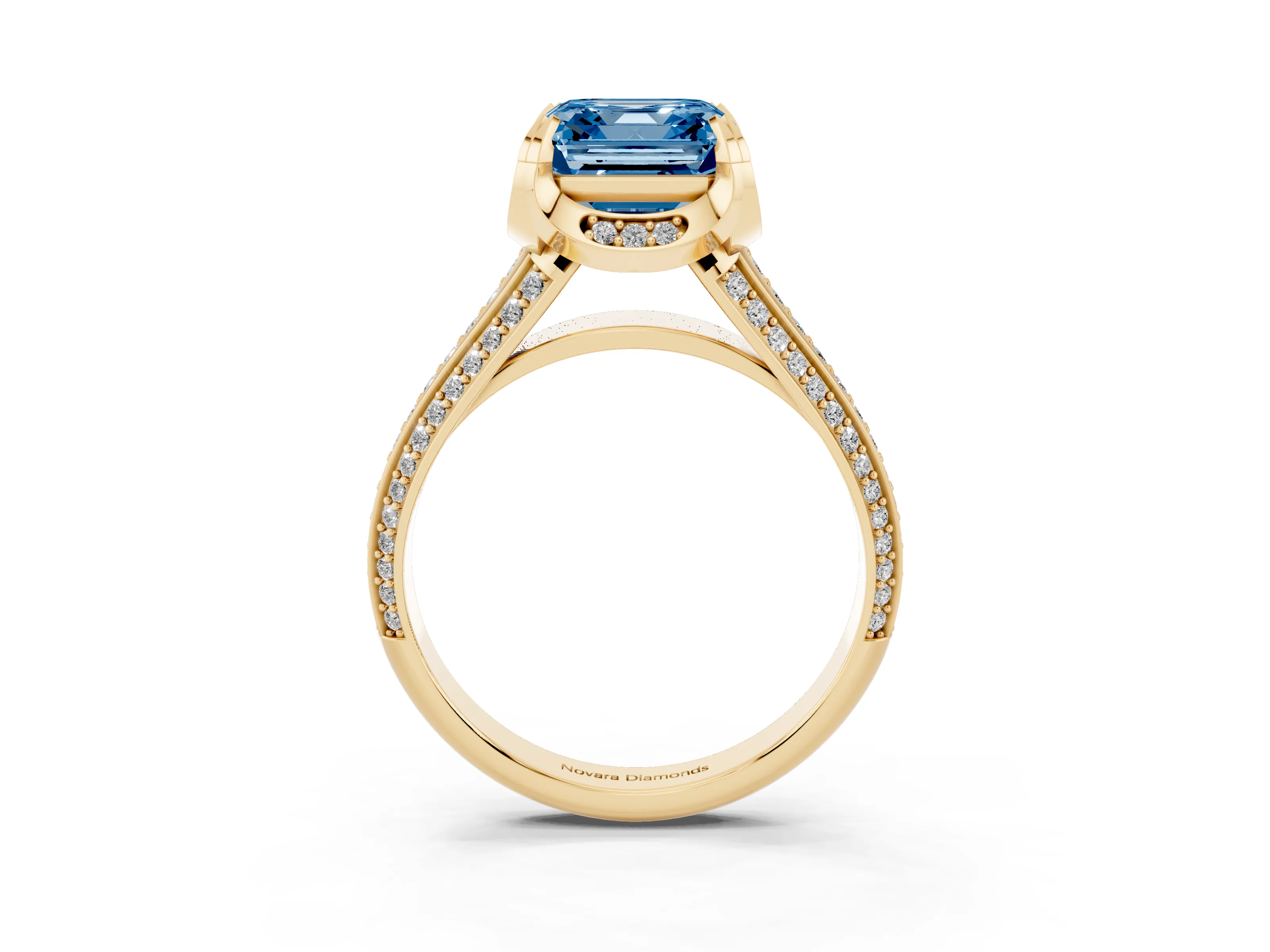 Fancy Blue Asscher Cut Diamond Pavé Split Shank Solitaire Ring Set in Yellow gold with Prong Setting