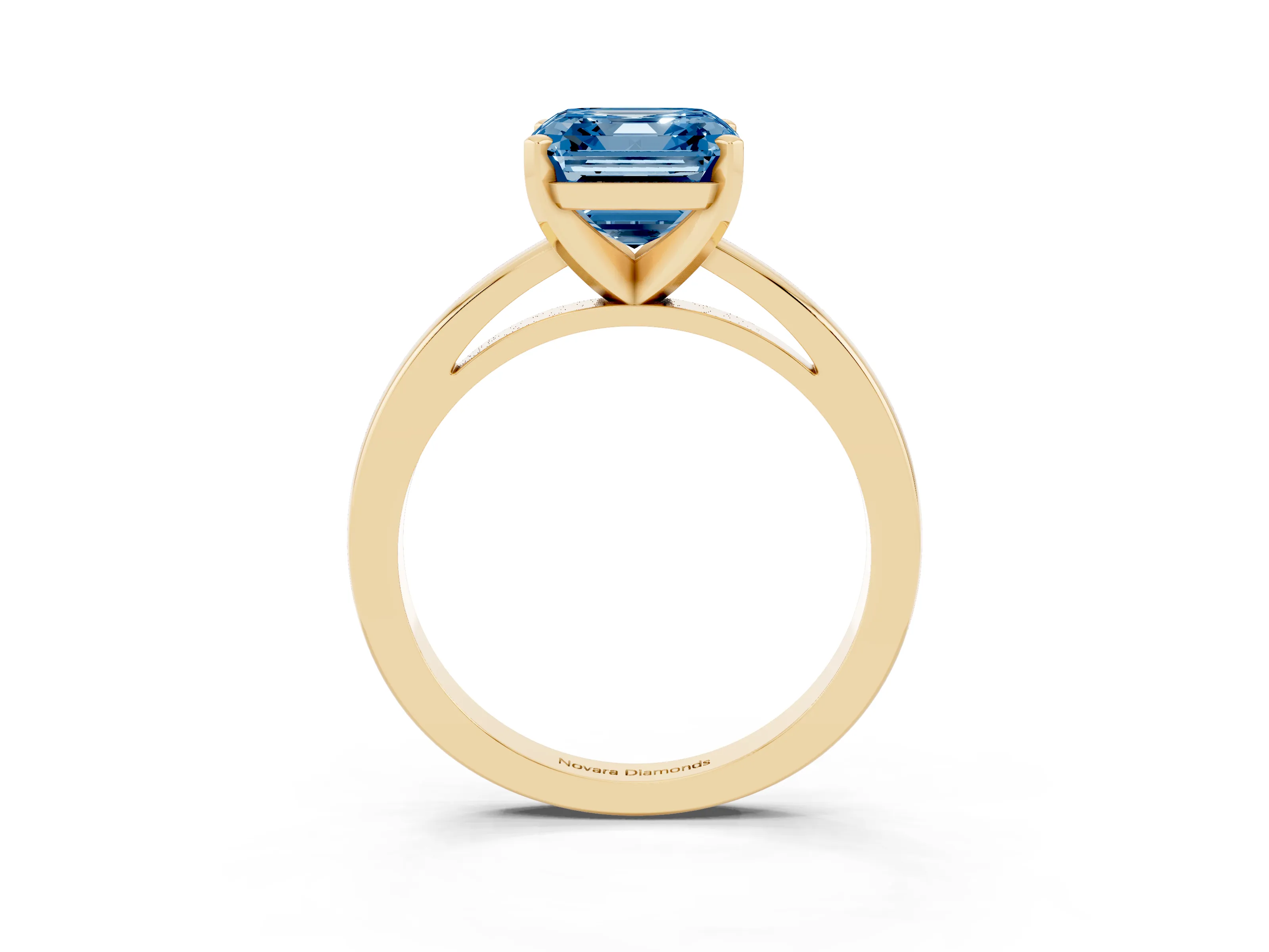 Fancy Blue Asscher Cut Diamond Solitaire Engagement Ring Set in Yellow gold with Prong Setting on a Classic Band
