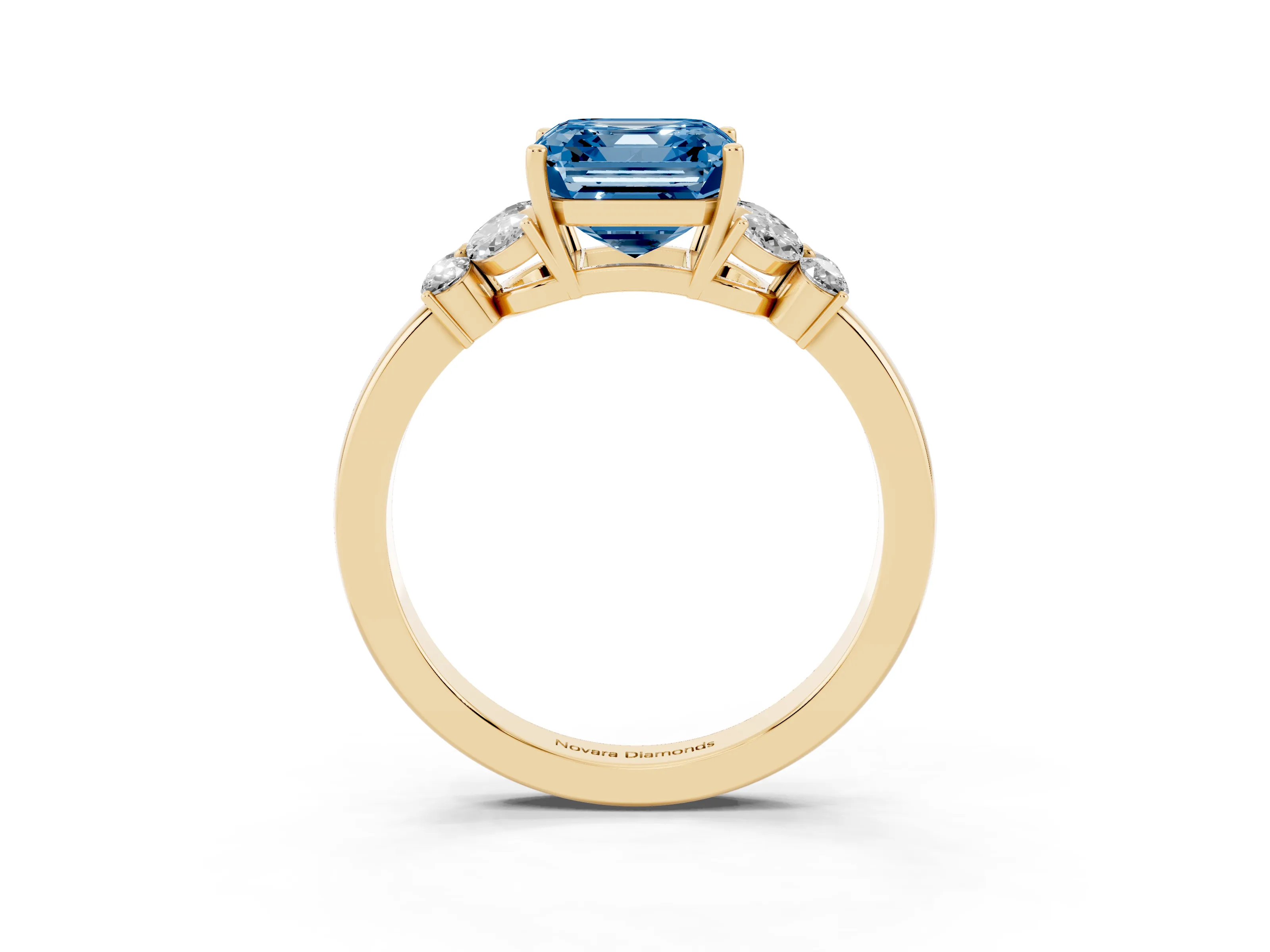 Fancy Blue Asscher Cut Diamond Solitaire Floral Ring Set in Yellow gold with Marquise Petals and Prong Setting