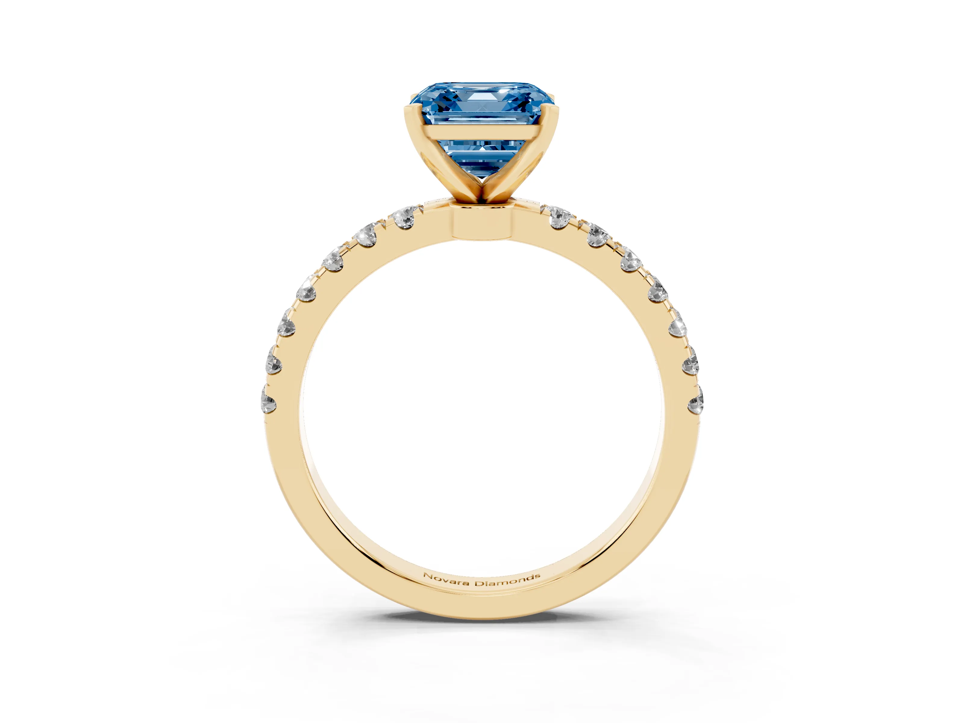 Fancy Blue Asscher Cut Diamond Solitaire Ring Set in Yellow gold with Pavé Accents and Prong Setting