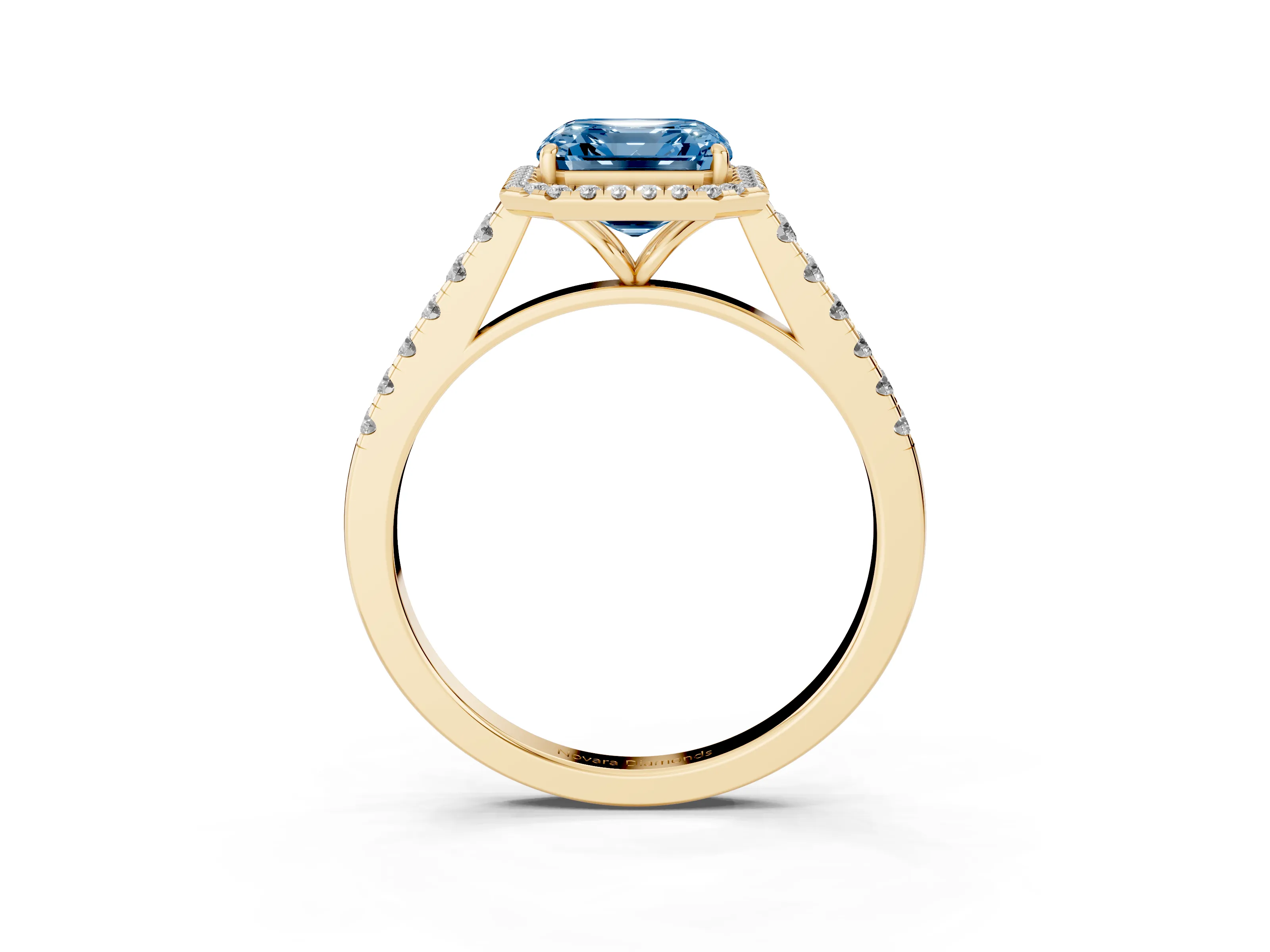 Fancy Blue Asscher Cut Diamond Halo Pavé Engagement Ring Set in Yellow gold with Prong Setting