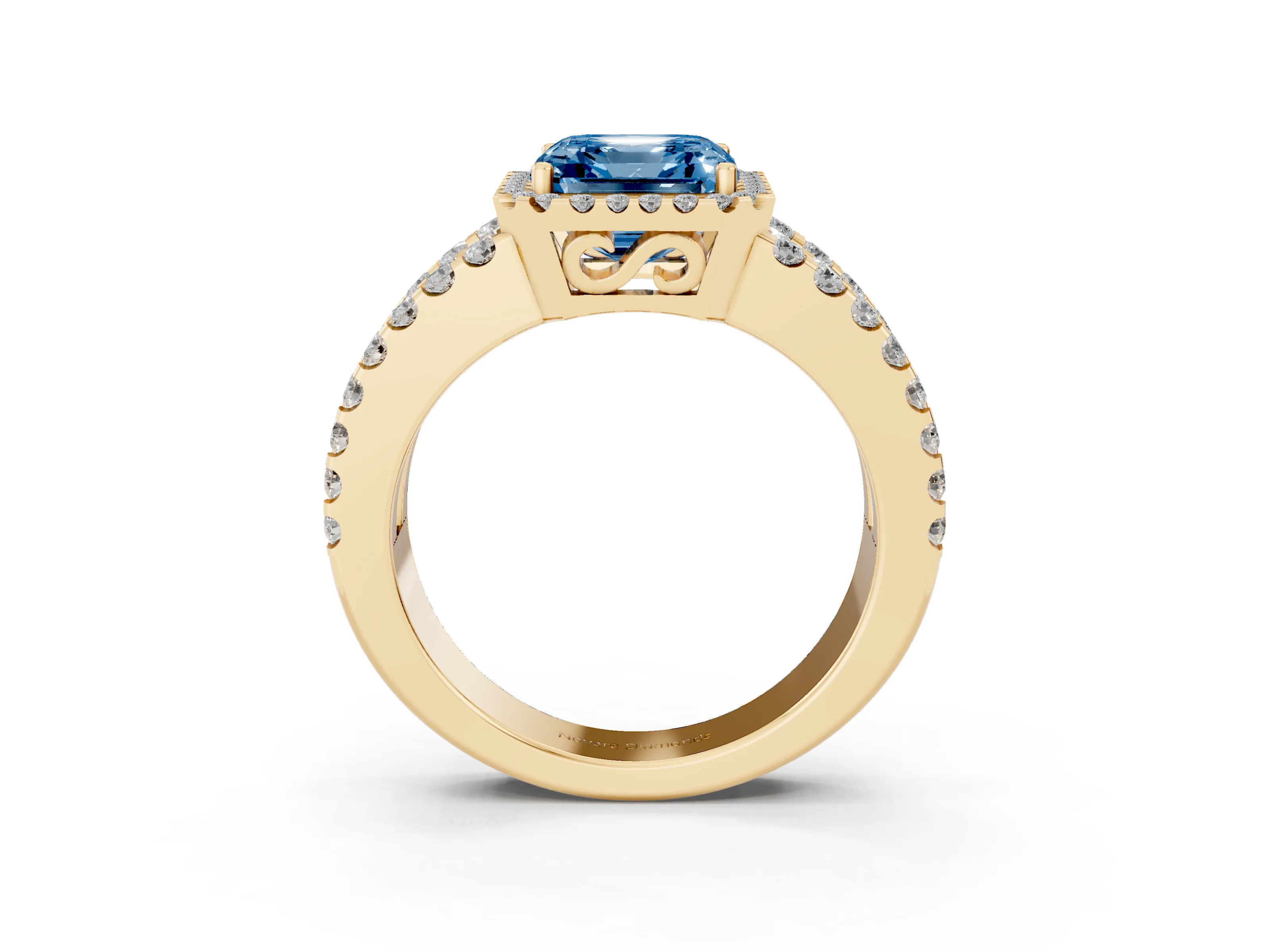Fancy Blue Asscher Cut Diamond Halo Ring Set in Yellow gold with Pavé Split Shank and Prong Setting