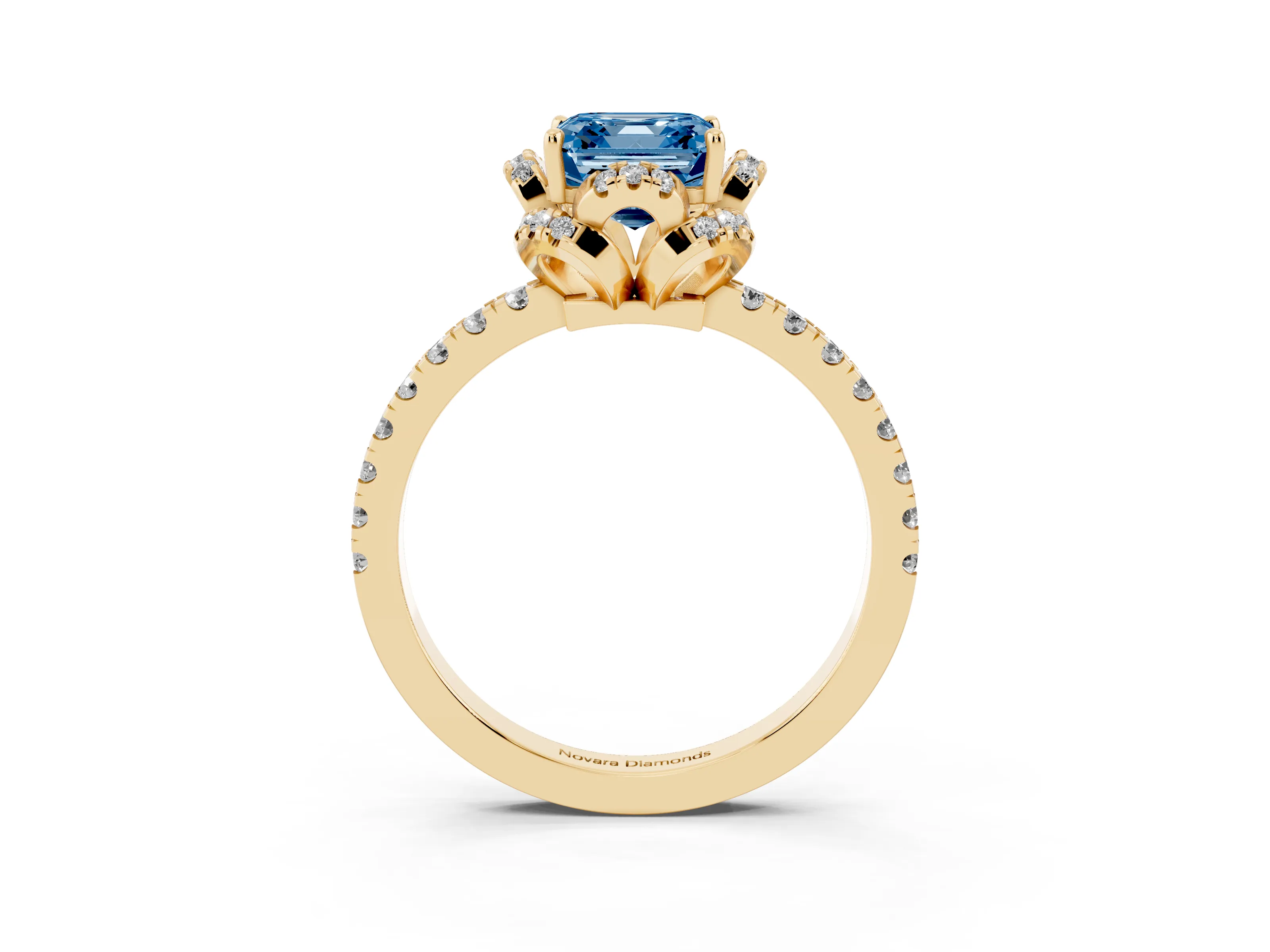 Fancy Blue Asscher Cut Diamond Halo Pavé Band Ring Set in Yellow gold with Prong-Held Center