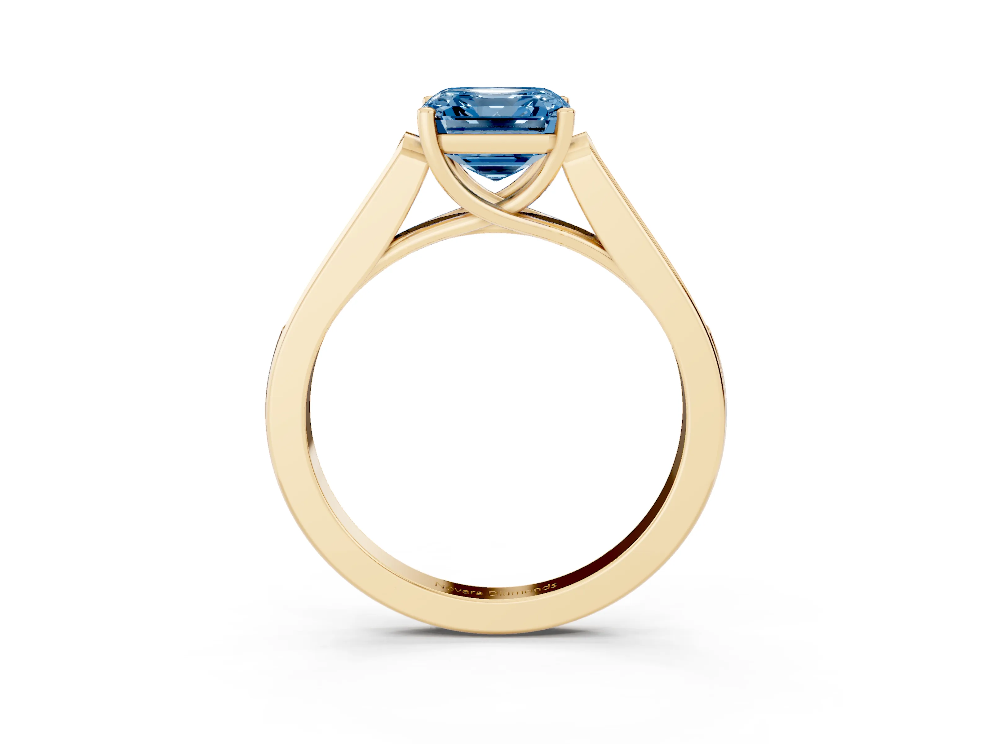 Fancy Blue Asscher Cut Diamond Solitaire Cathedral Engagement Ring Set in Yellow gold with Channel-Set Band and Prong Setting