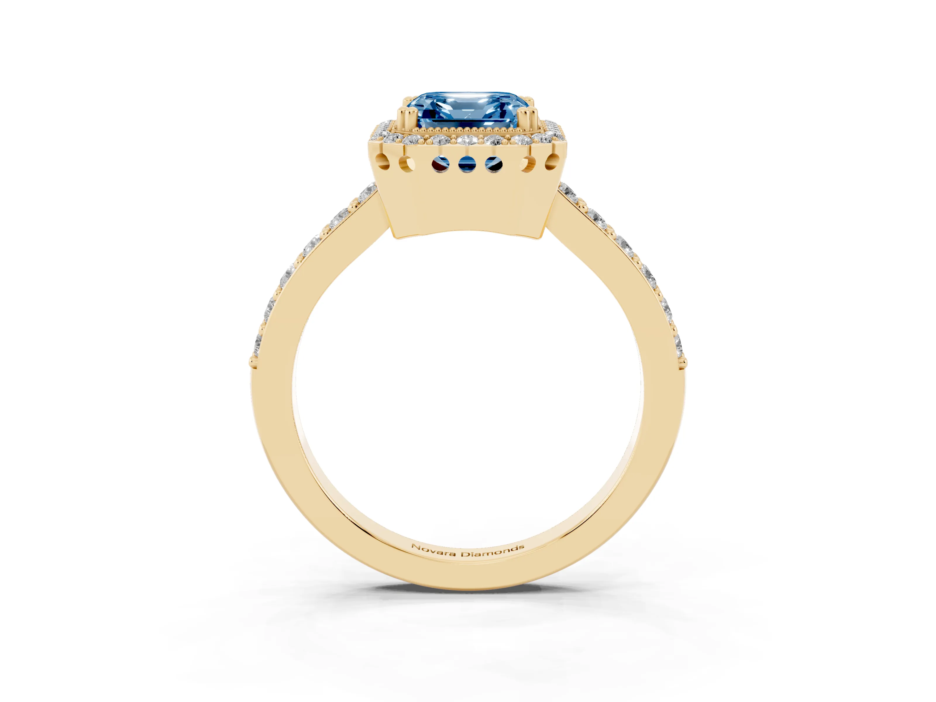 Fancy Blue Asscher Cut Diamond Halo Engagement Ring Set in Yellow gold with Milgrain Detail and Pavé Band