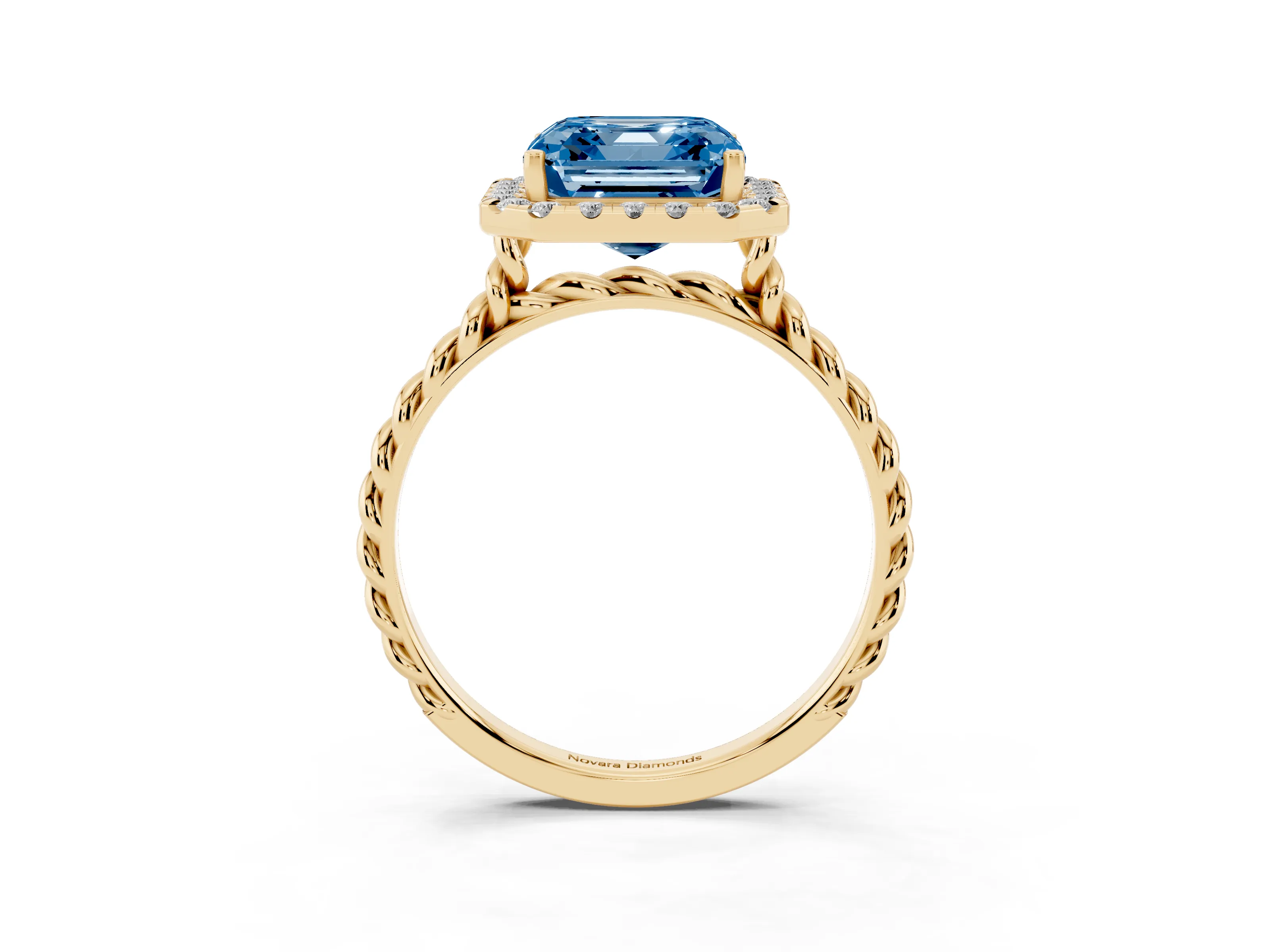 Fancy Blue Asscher Cut Diamond Halo Ring Set in Yellow gold with Plain Twisted Band
