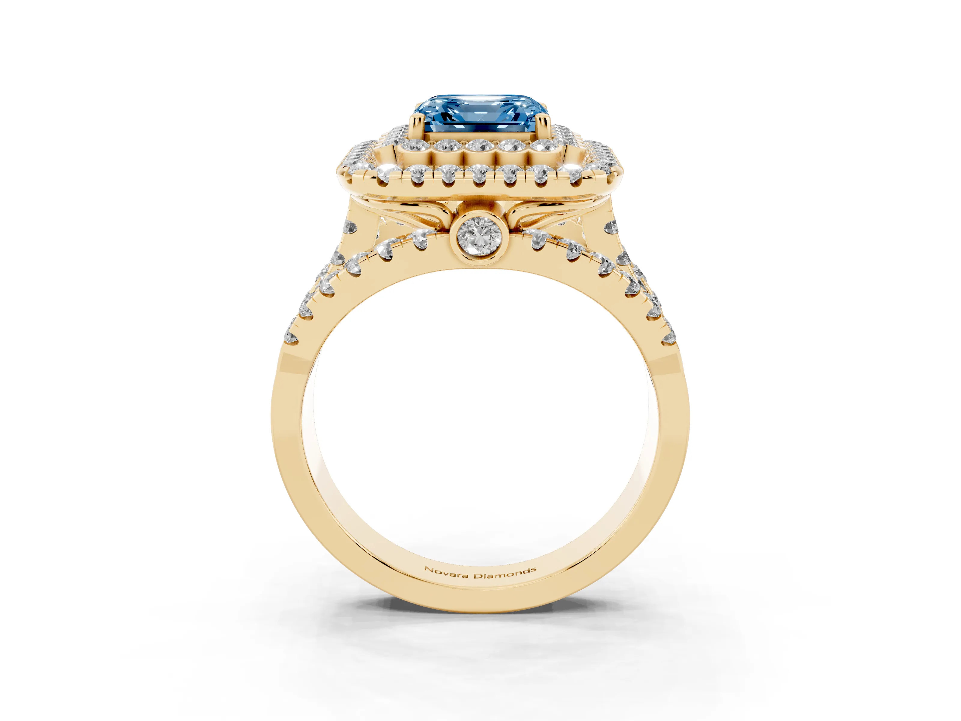 Fancy Blue Asscher Cut Diamond Double Halo Ring Set in Yellow gold with Round Pavé Split Shank